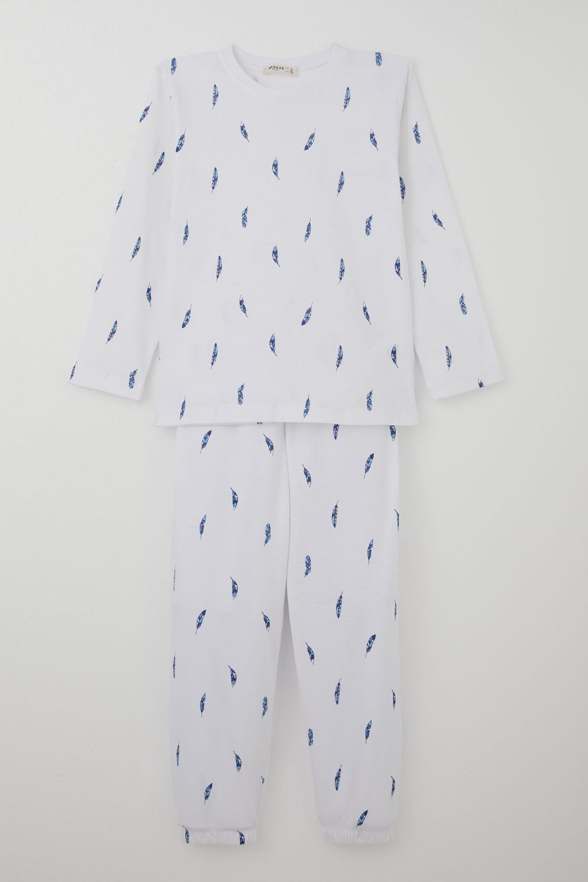 Breeze Erkek Çocuk Pijama Takımı Uçan Mavi Tüy Desenli Beyaz (4-8 Yaş)