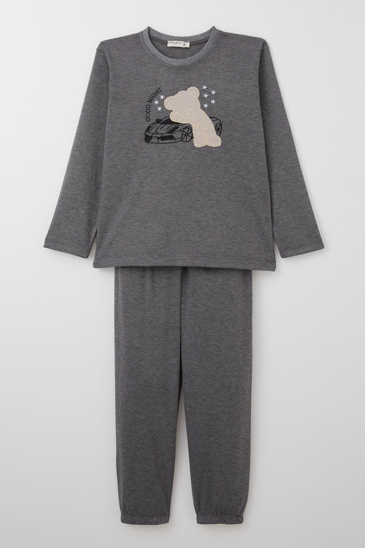 Breeze Erkek Çocuk Pijama Takımı Uykucu Sevimli Bebek Ayıcık Nakışlı Koyu Gri Melanj (4-8 Yaş)
