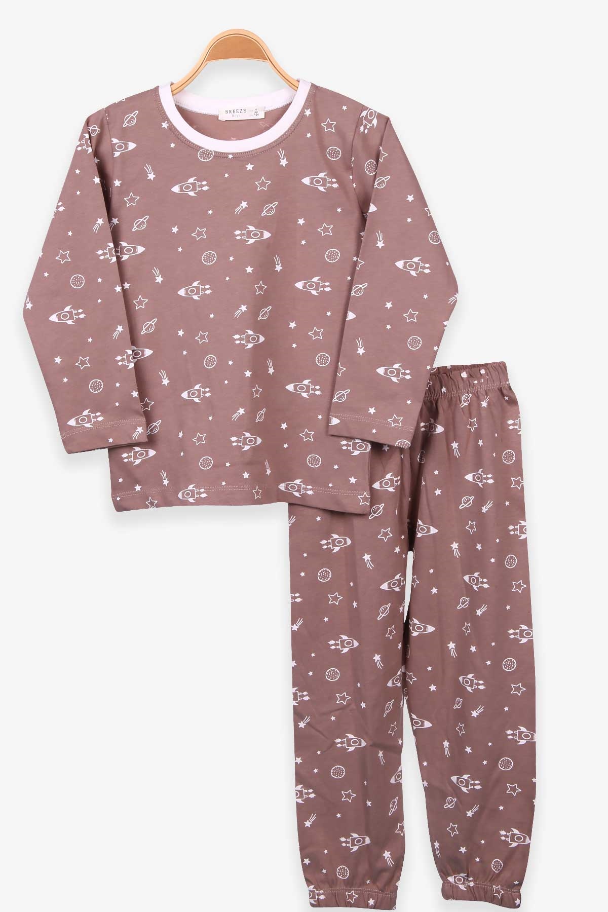 Breeze Erkek Çocuk Pijama Takımı Uzay Temalı Açık Kahverengi (4-8 Yaş)