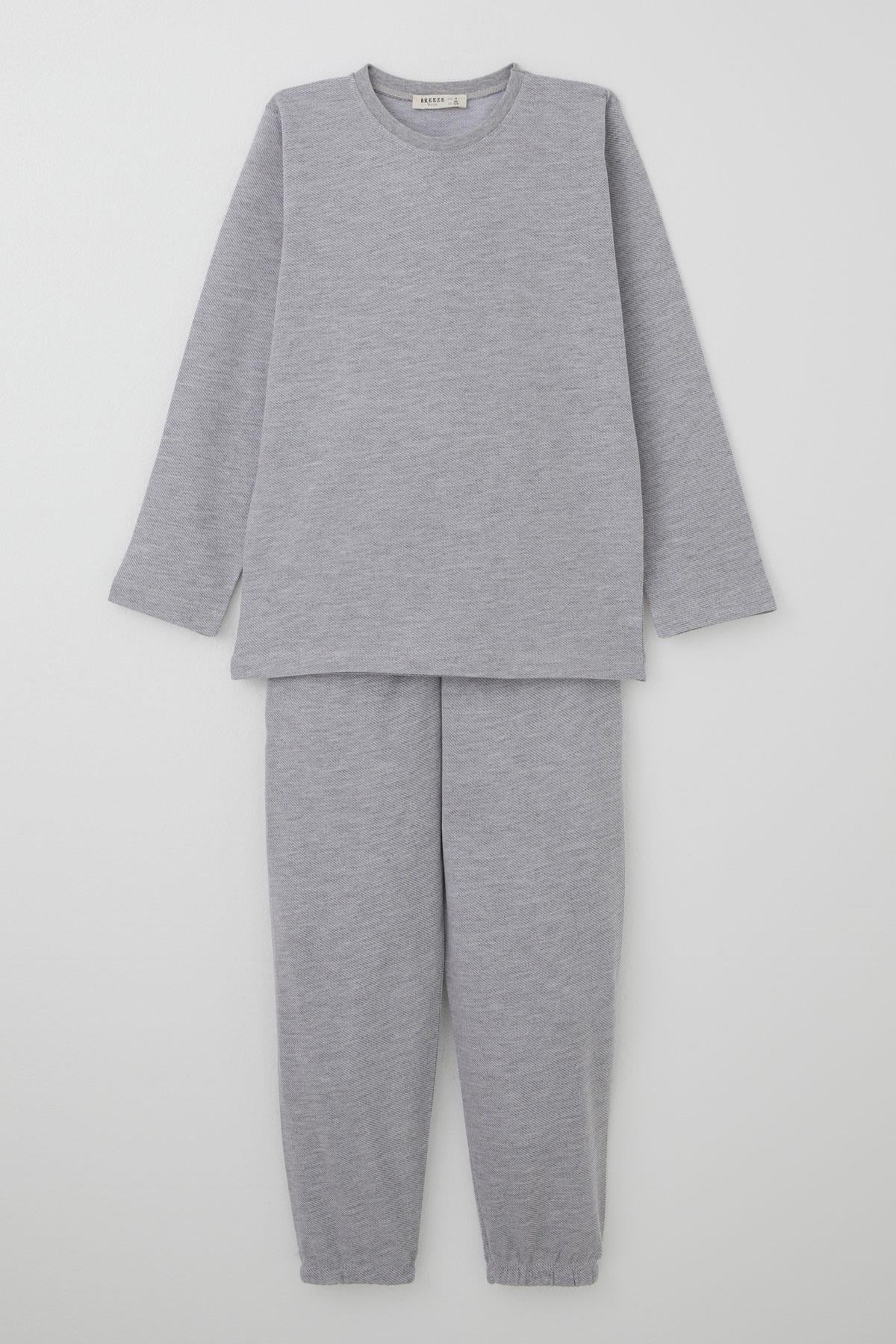 Breeze Erkek Çocuk Pijama Takımı Verev Çizgi Desenli Açık Gri (4-8 Yaş)