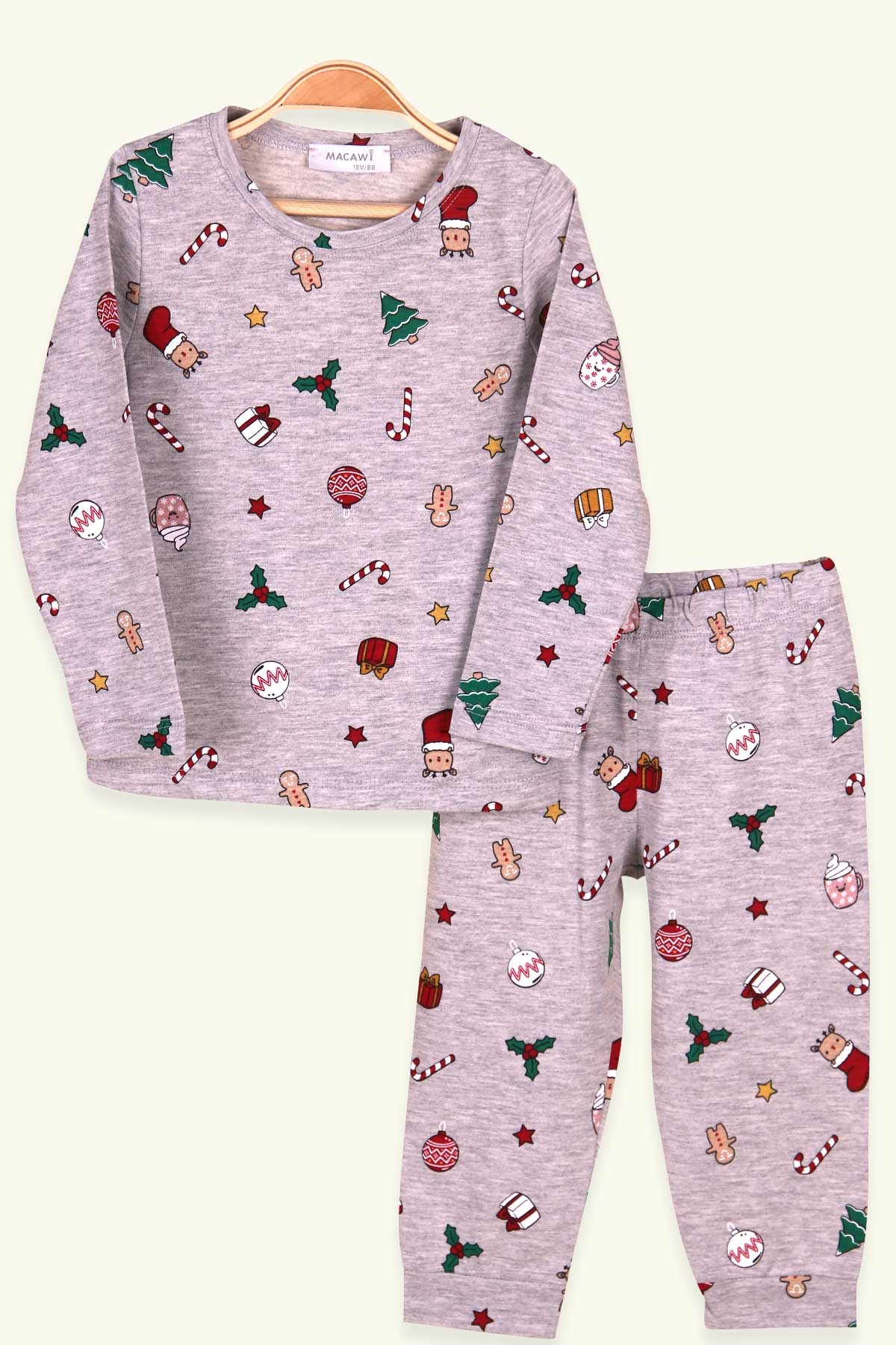 Erkek Çocuk Pijama Takımı Yılbaşı Temalı Açık Gri 1.5 Yaş - Yumuşak Kumaş |  Breeze