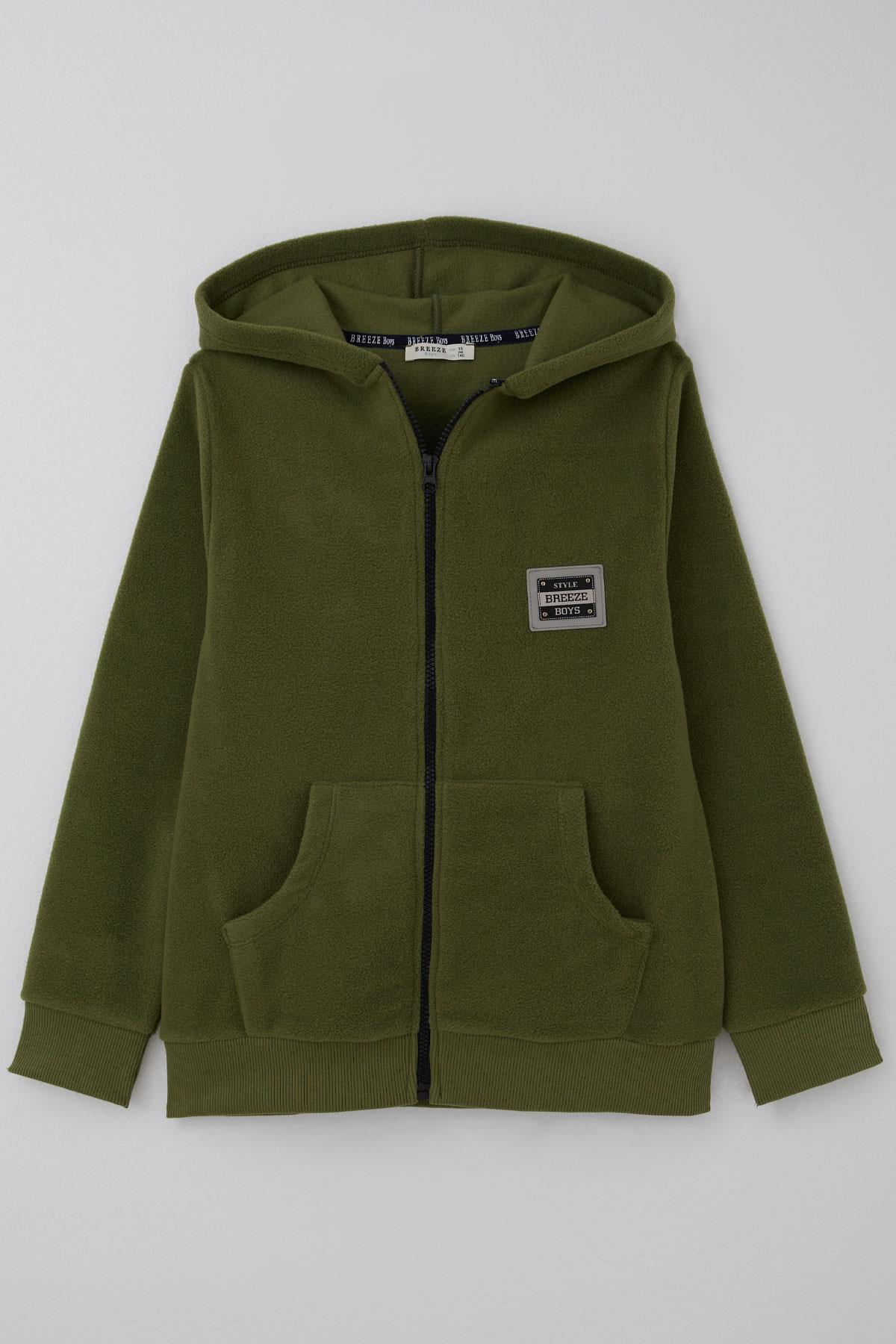 Breeze Erkek Çocuk Polar Hırka Kapüşonlu Arma Detaylı Haki Yeşil (9-14 Yaş)
