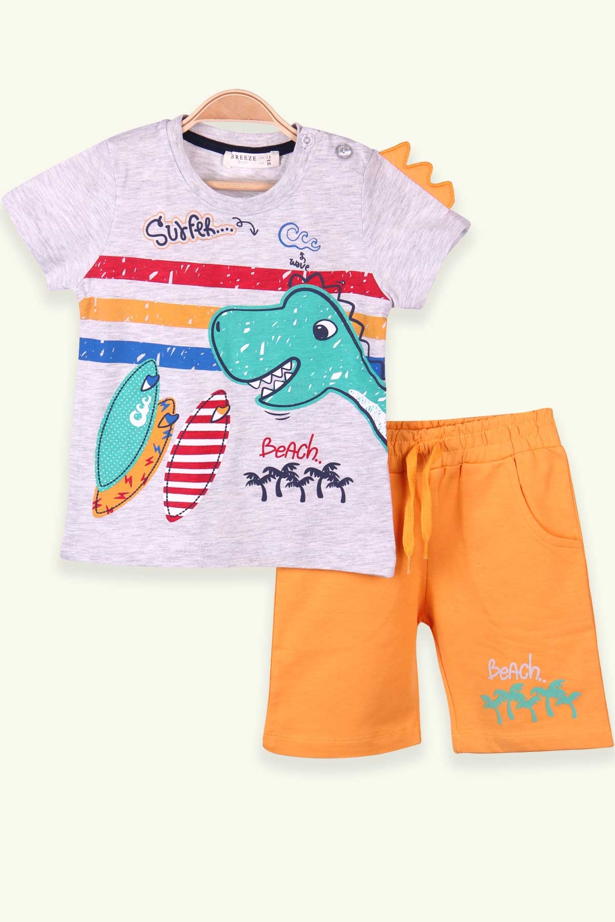 Breeze Erkek Çocuk Şort Takım Dinozor Baskılı Gri Melanj (1.5-4 Yaş)