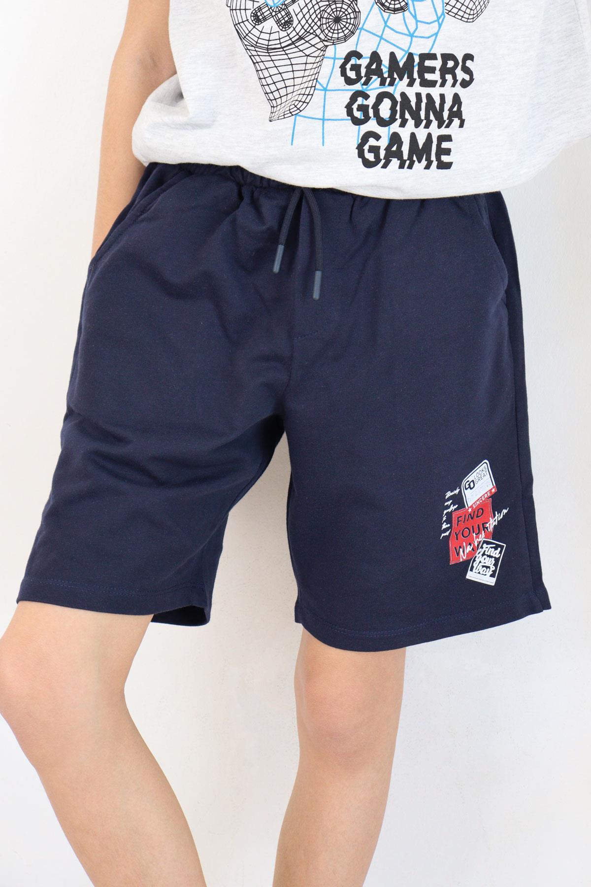 Breeze Erkek Çocuk Şort Yazı Baskılı Bağcıklı Cepli Beli Lastikli Lacivert (8-12 Yaş)