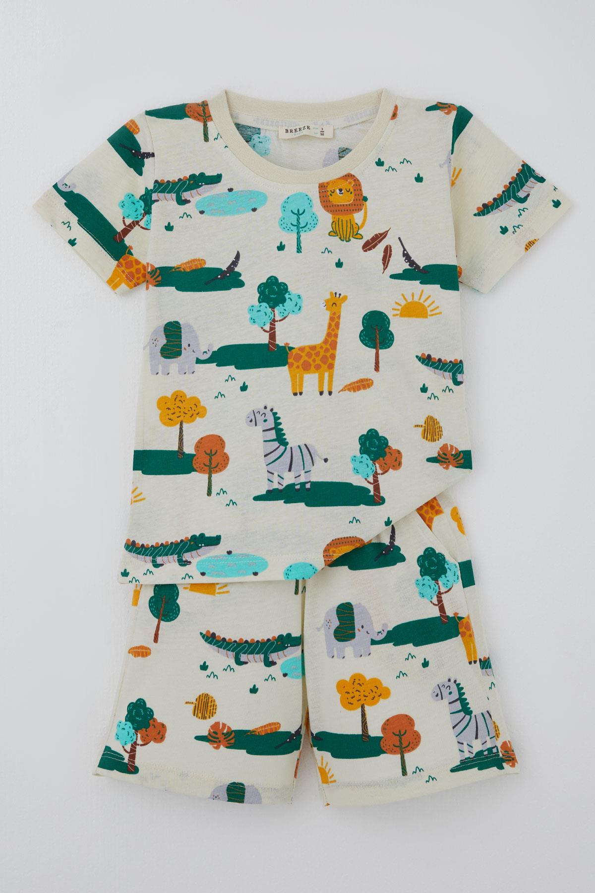 Breeze Erkek Çocuk Şortlu Pijama Takımı Safari Temalı Sevimli Hayvancıklar Desenli Sarı (1.5-5 Yaş)