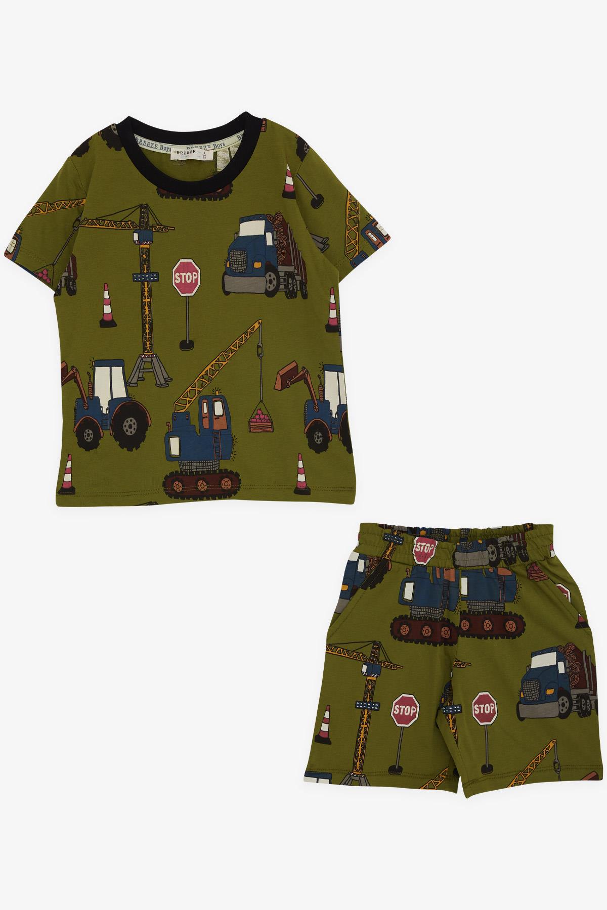 Breeze Erkek Çocuk Şortlu Pijama Takımı İş Makinesi Desenli Haki Yeşil (2-6 Yaş)