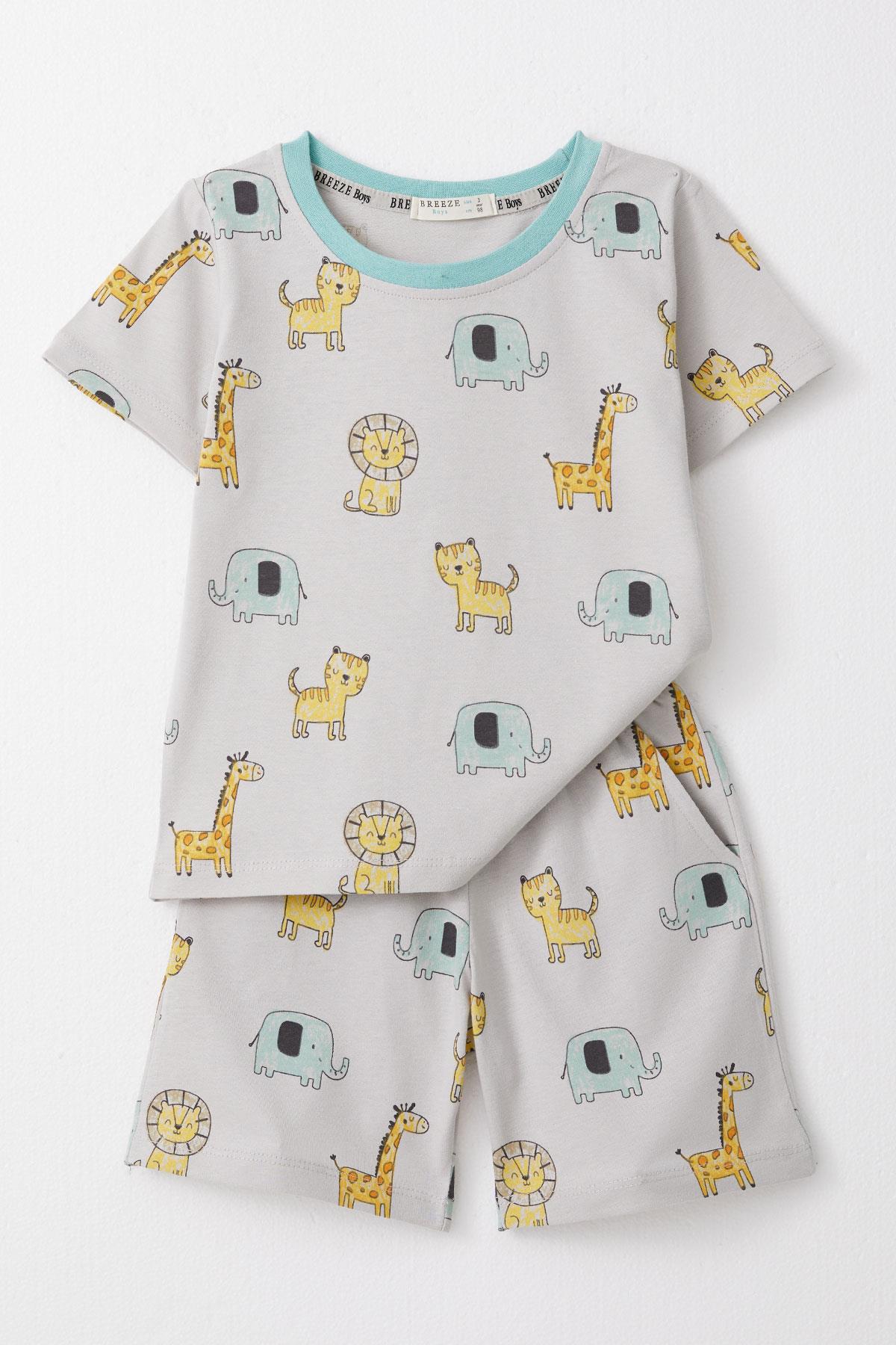 Breeze Erkek Çocuk Şortlu Pijama Takım Sevimli Hayvanlar Desenli Gri (1.5-5 Yaş)