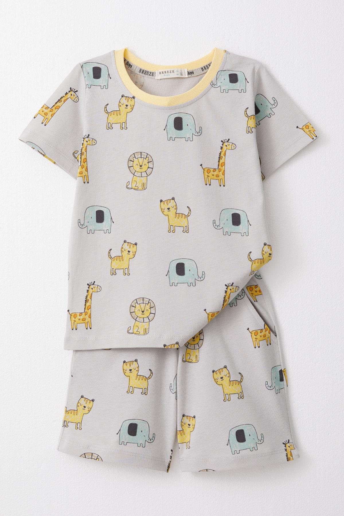 Breeze Erkek Çocuk Şortlu Pijama Takım Sevimli Hayvanlar Desenli Gri (1.5-5 Yaş)