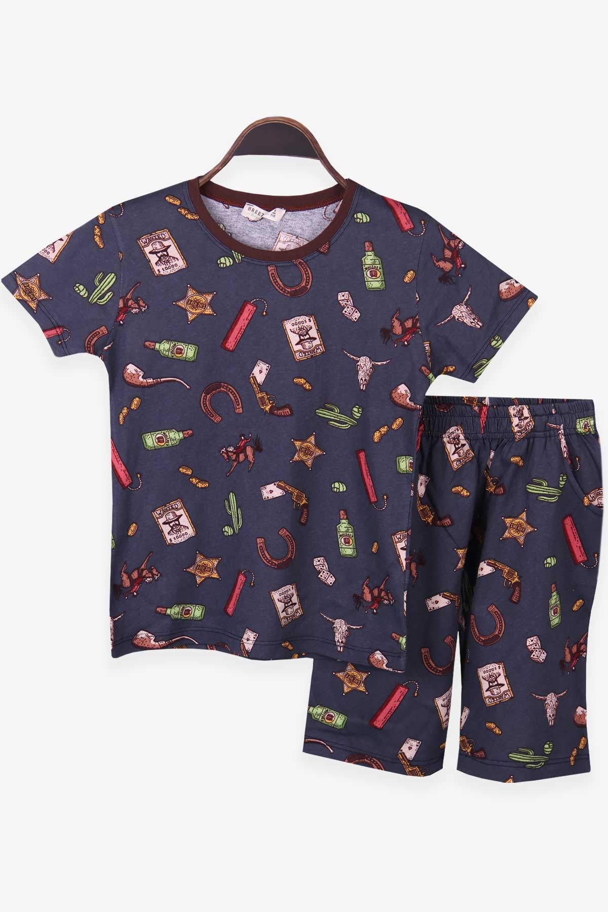 Breeze Erkek Çocuk Şortlu Pijama Takımı Teksas Temalı Füme (6-12 Yaş)