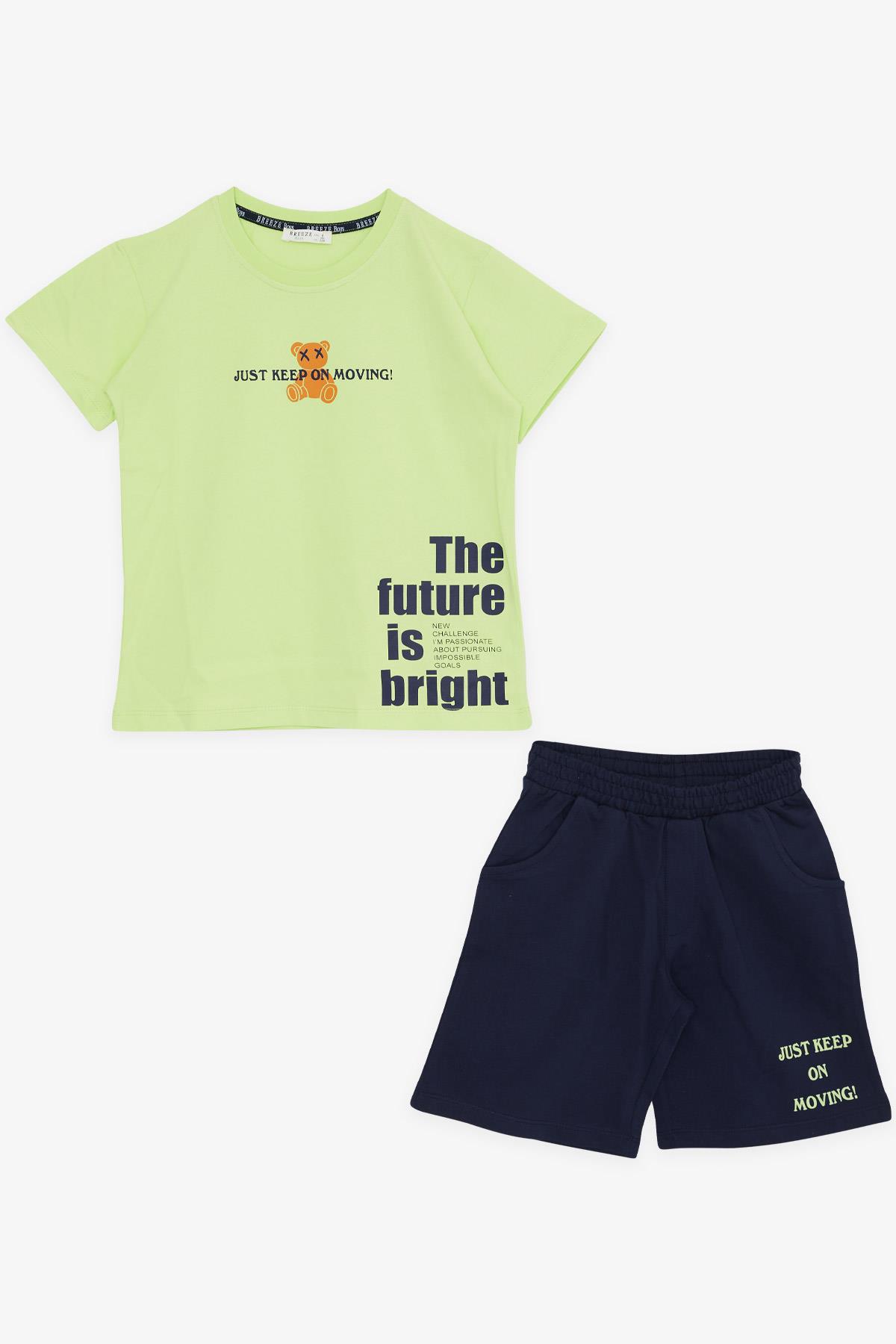 Breeze Erkek Çocuk Şortlu Takım Ayıcık Baskılı Slogan Temalı Fıstık Yeşili (5-10 Yaş)
