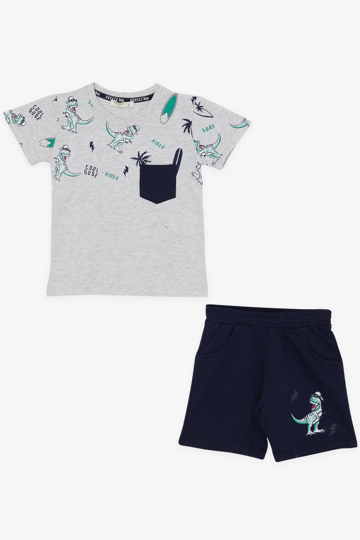 Breeze Erkek Çocuk Şortlu Takım Cepli Havalı Dinozor Desenli Açık Gri Melanj (1.5-5 Yaş)