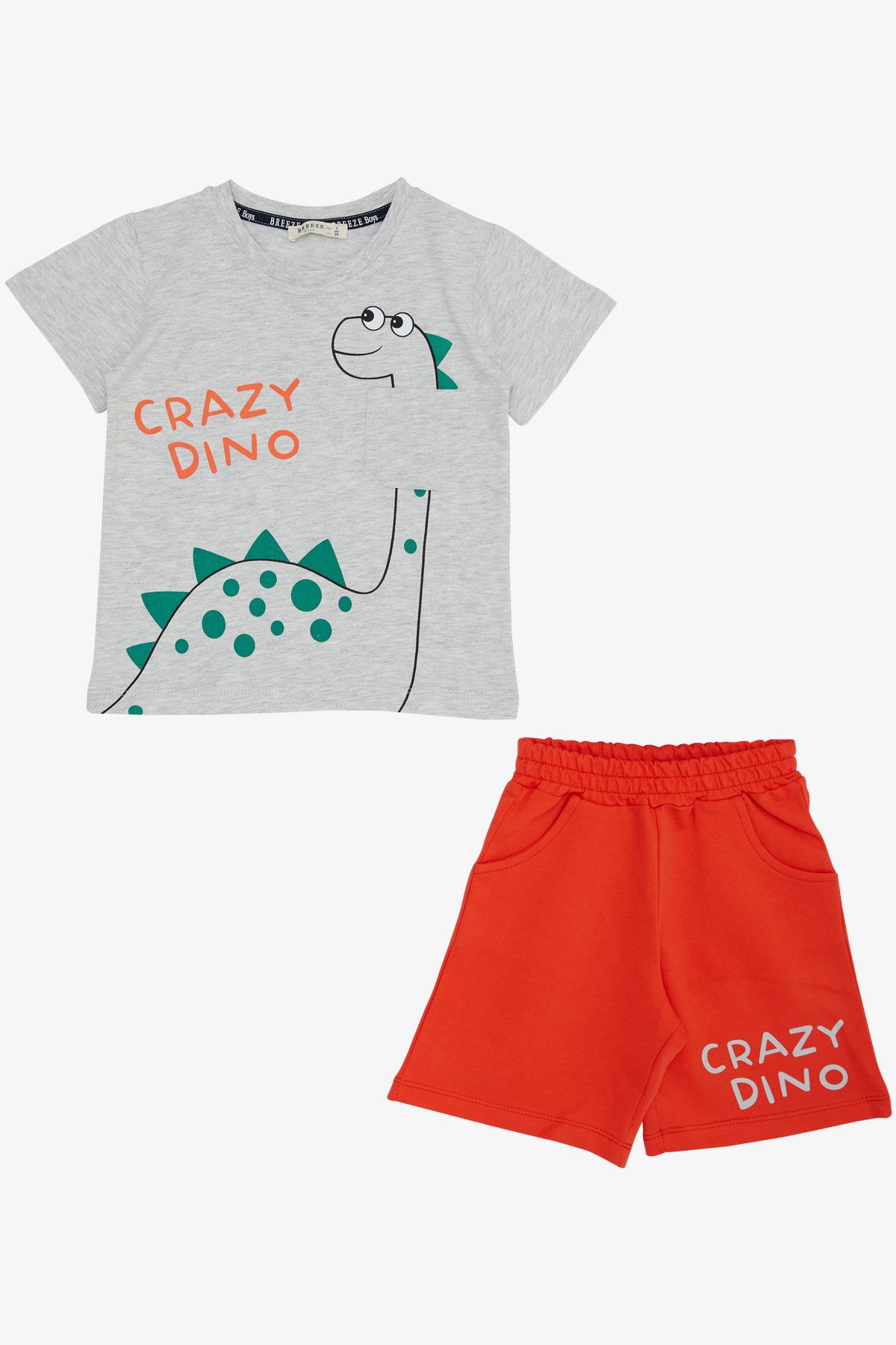 Breeze Erkek Çocuk Şortlu Takım Çılgın Dinozor Baskılı Açık Gri Melanj (1.5-5 Yaş)