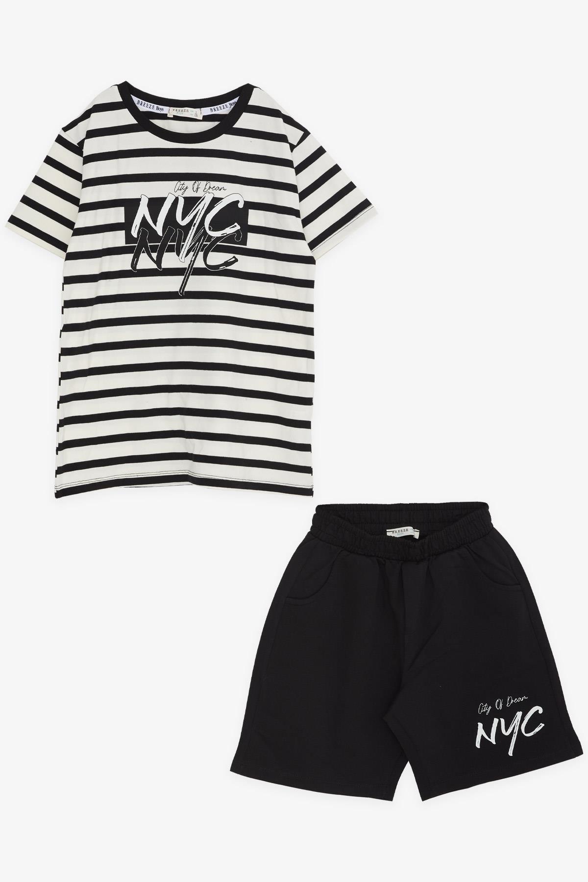 Breeze Erkek Çocuk Şortlu Takım Çizgili Yazı Baskılı Cepli Ekru (8-12 Yaş)