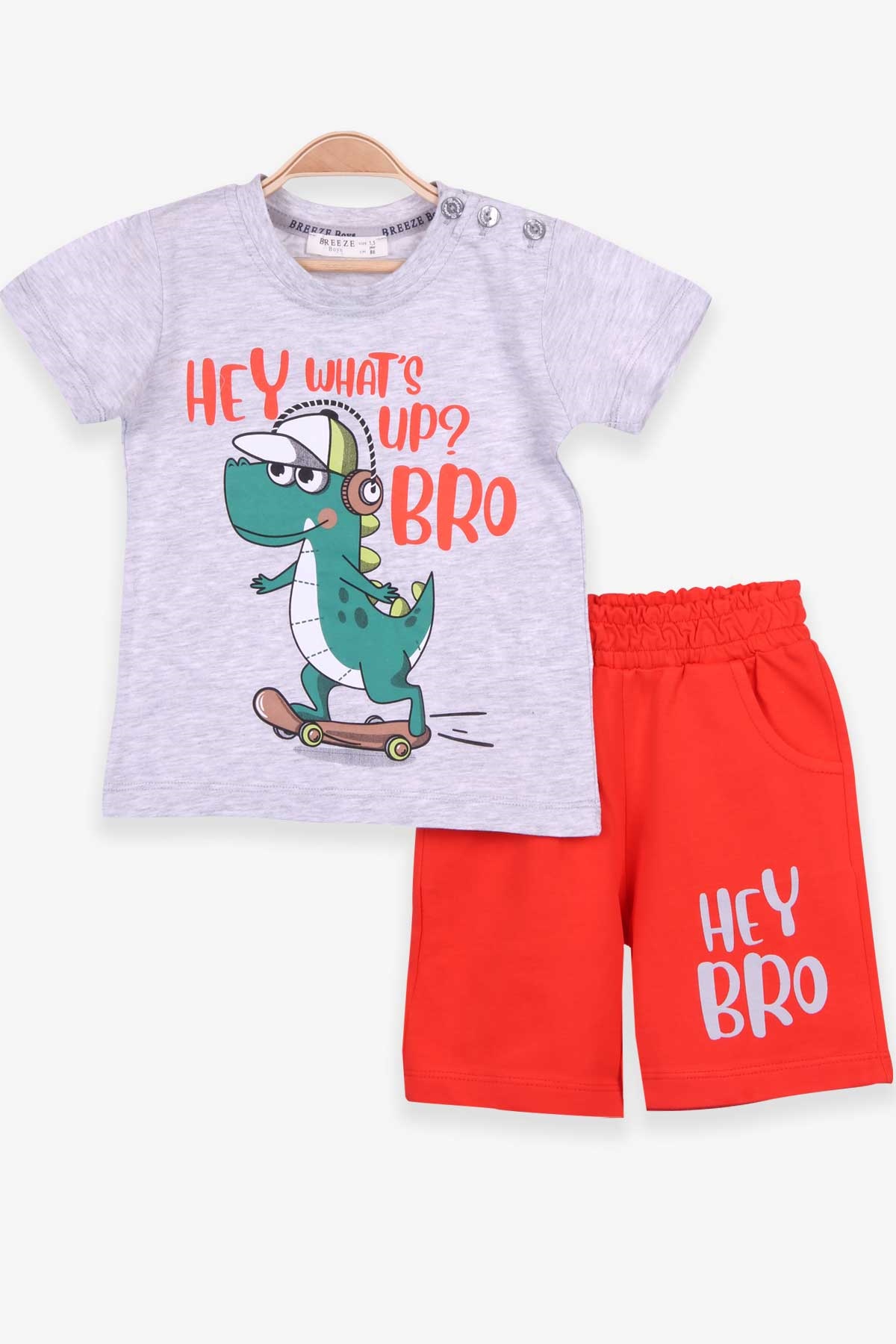 Breeze Erkek Çocuk Şortlu Takım Dinozor Baskılı Açık Gri Melanj (1.5-5 Yaş)
