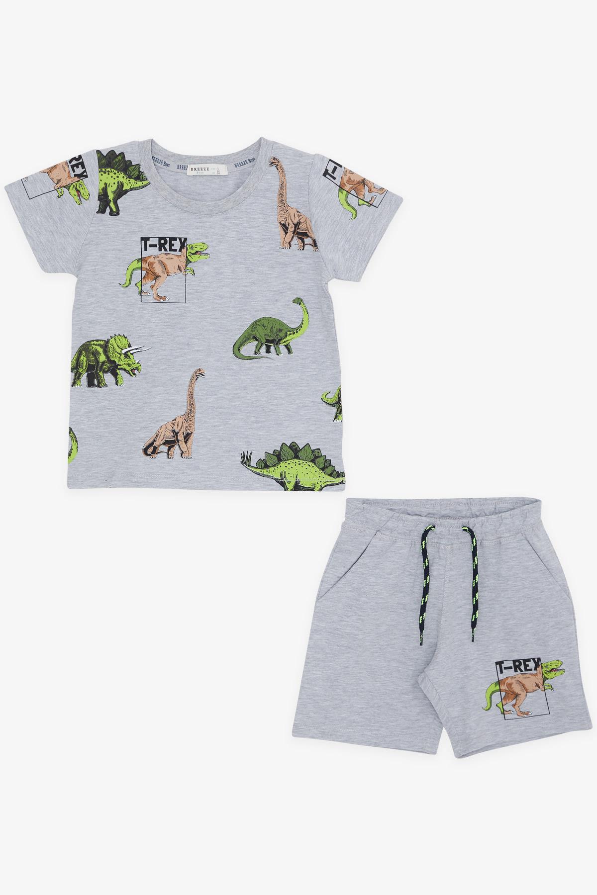 Breeze Erkek Çocuk Şortlu Takım Dinozor Desenli Bağcık Aksesuarlı Gri Melanj (2-6 Yaş)