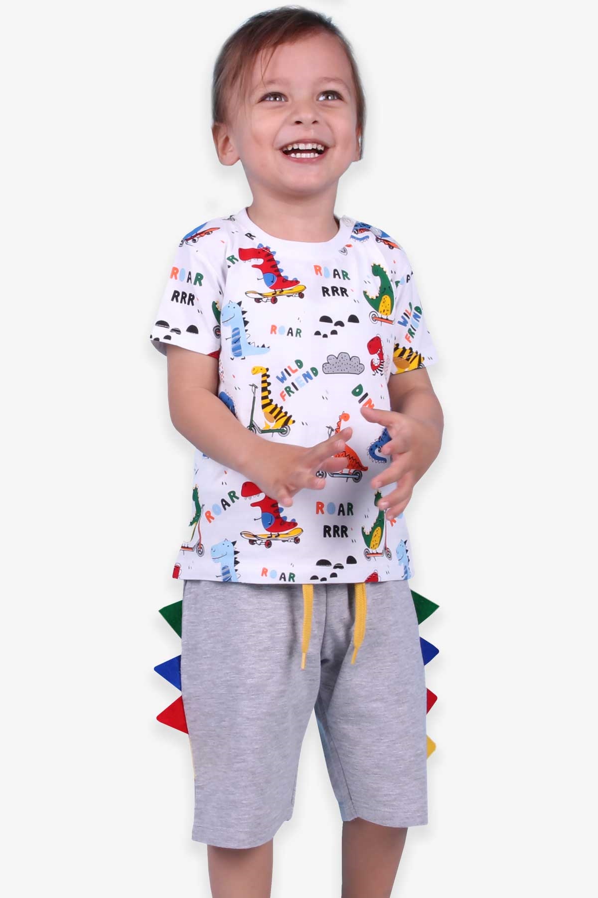Breeze Erkek Çocuk Şortlu Takım Dinozor Baskılı Beyaz (1.5-4 Yaş)