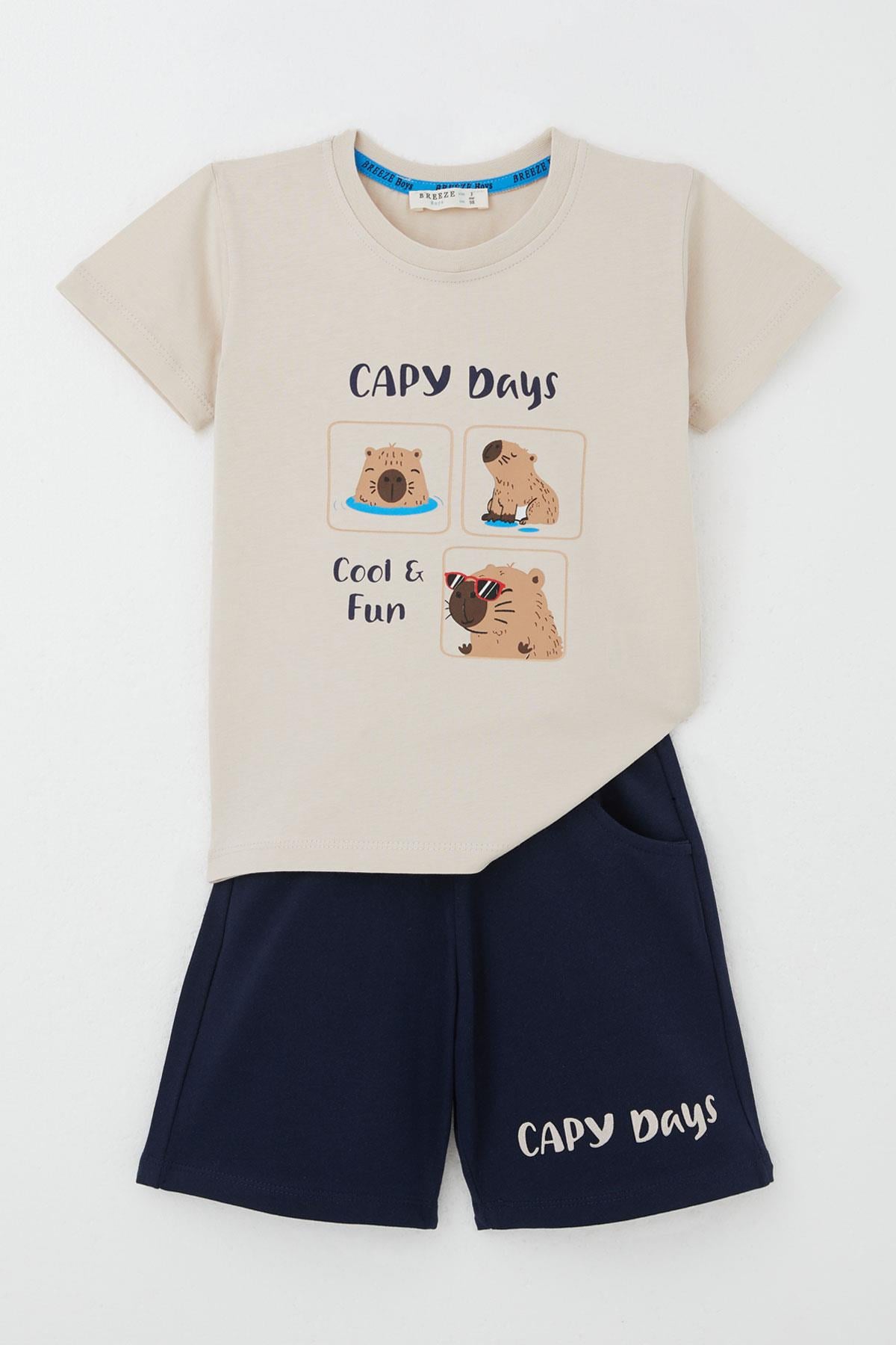 Breeze Erkek Çocuk Şortlu Takım En Havalı Sevimli Kemirgen Capybara Baskılı Bej (1-4 Yaş)