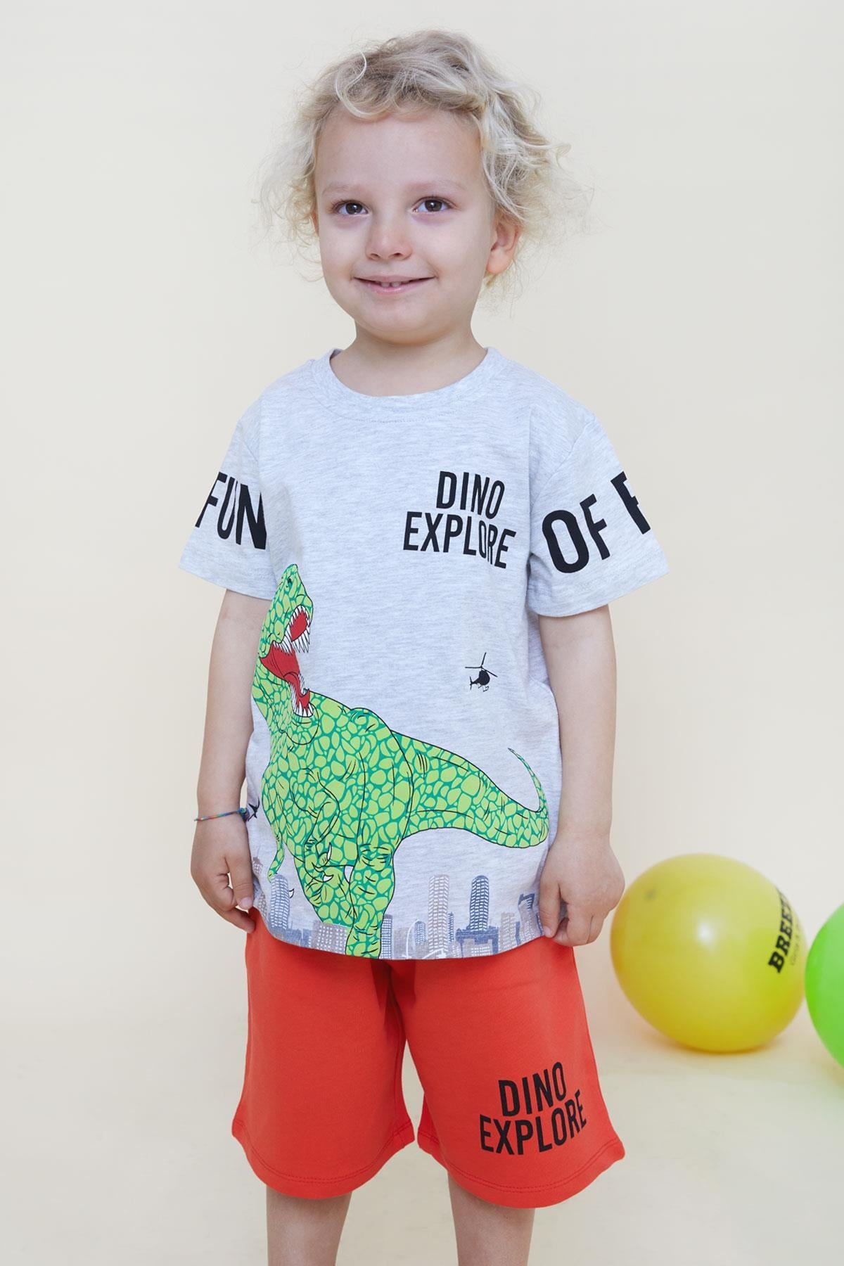 Breeze Erkek Çocuk Şortlu Takım Güçlü Dinozor Baskılı Açık Gri Melanj (2-6 Yaş)