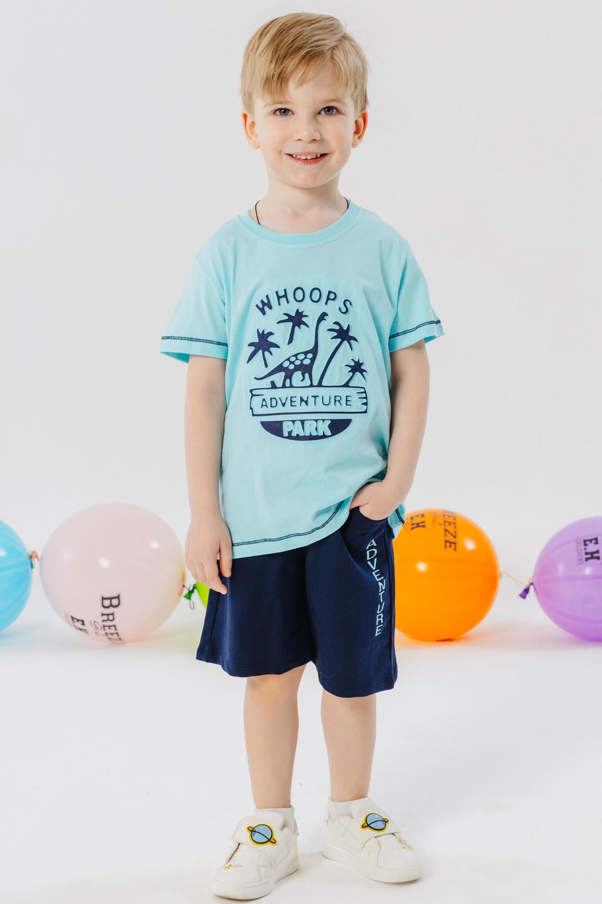 Breeze Erkek Çocuk Şortlu Takım Macera Parkı Dinozor Baskılı Kabartma Yazılı Açık Mavi (2-6 Yaş)