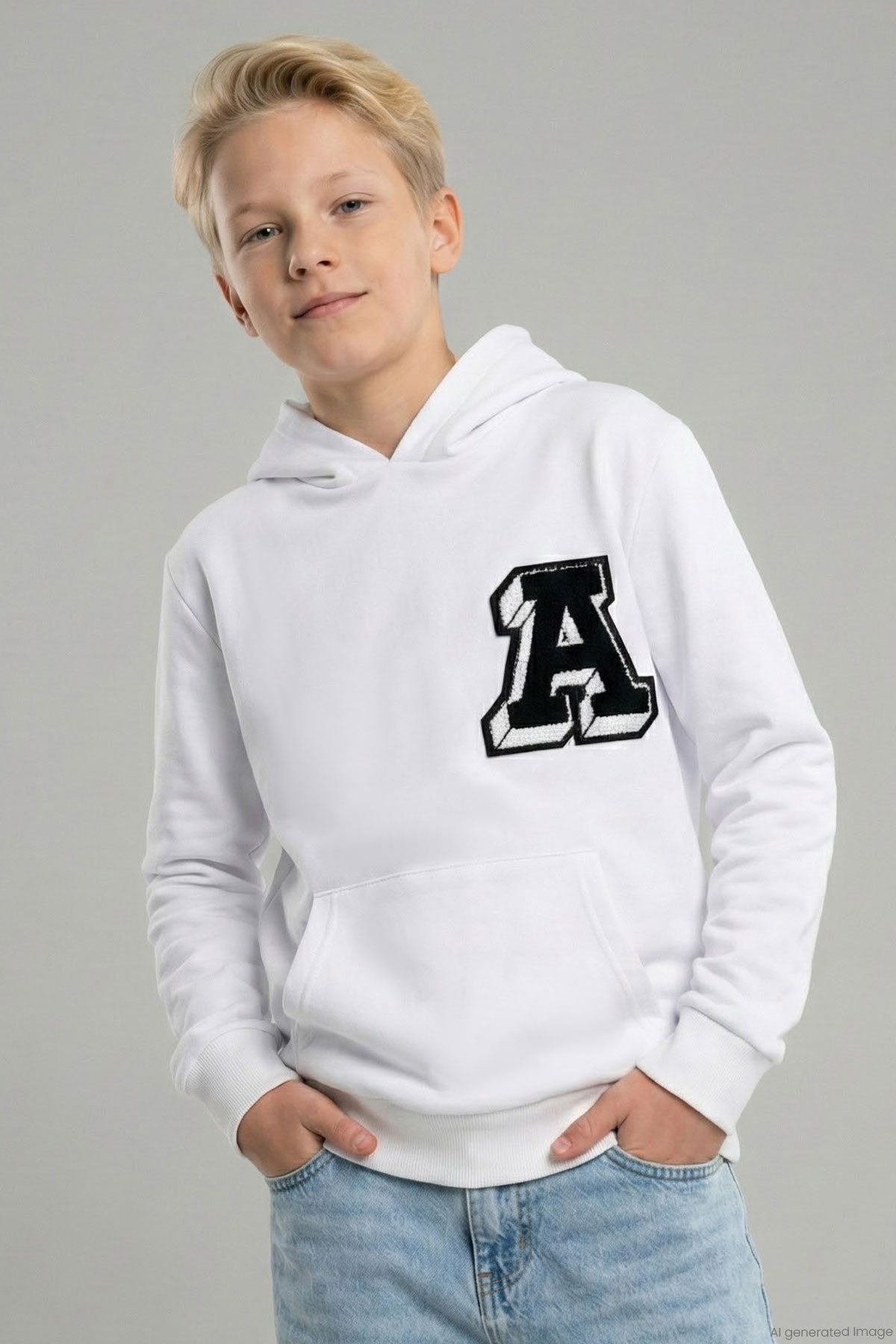 Breeze Erkek Çocuk Sweatshirt A Harfi Yazı Nakış Armalı Beyaz (9-14 Yaş)