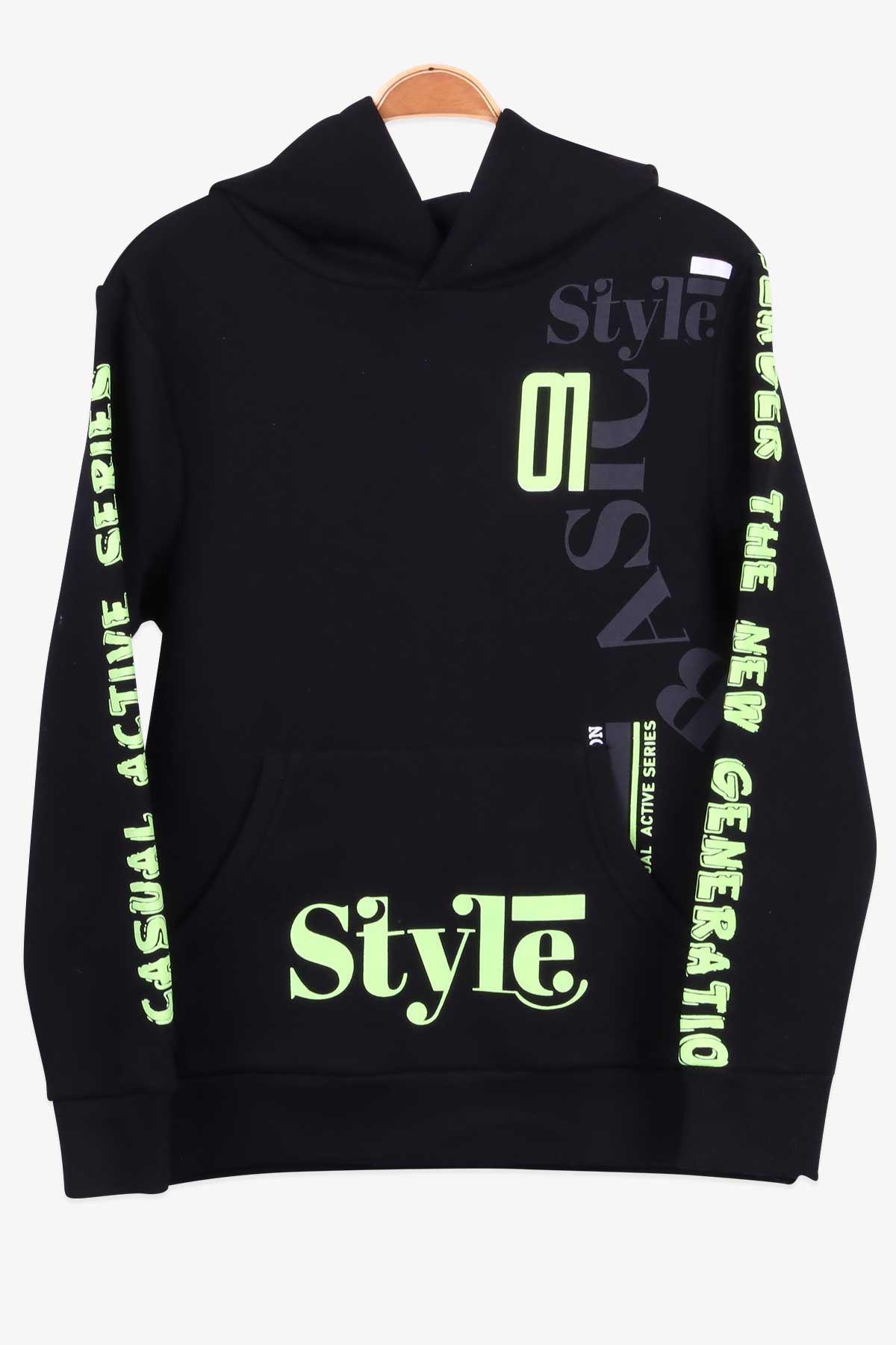 Breeze Erkek Çocuk Sweatshirt Baskılı Kapüşonlu Siyah (9-14 Yaş)