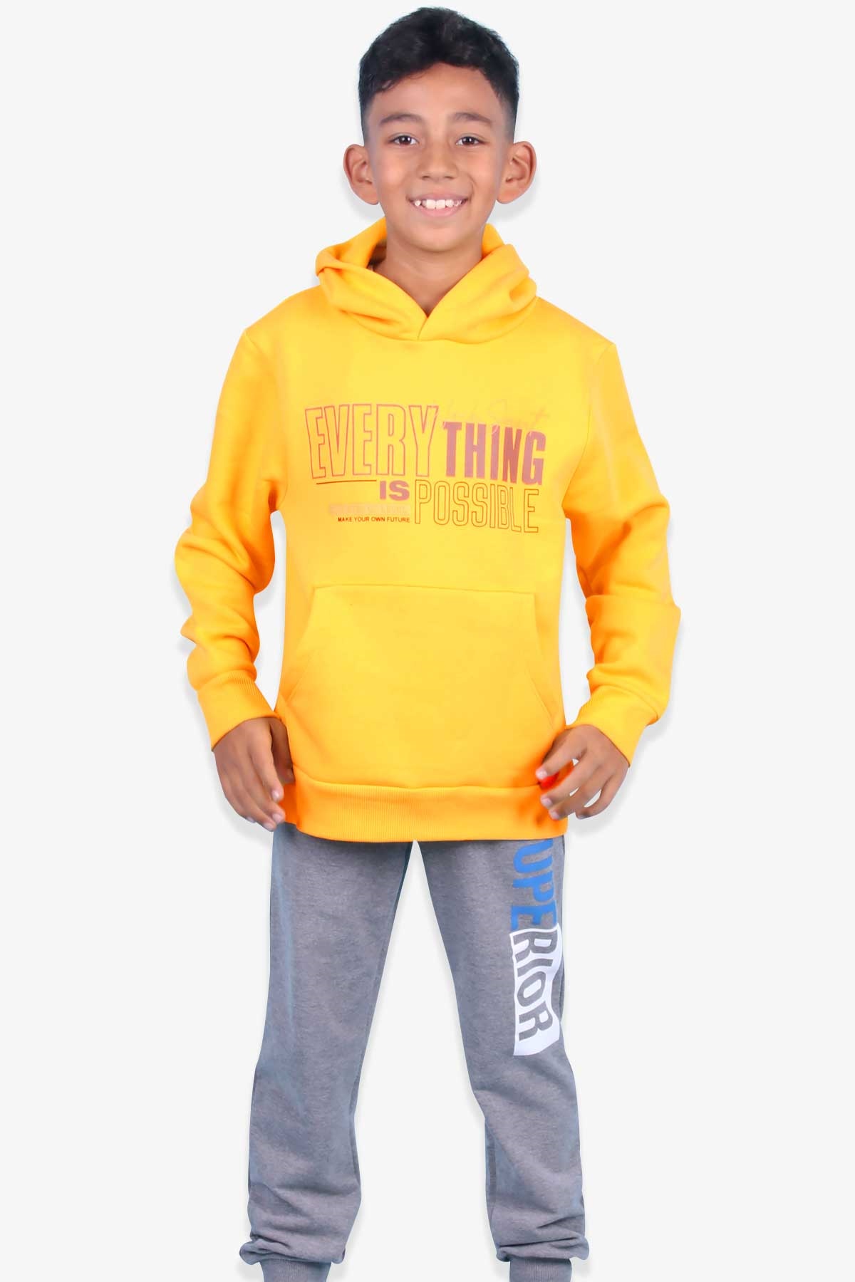 Breeze Erkek Çocuk Sweatshirt Baskılı Kapüşonlu Sarı (8-12 Yaş)