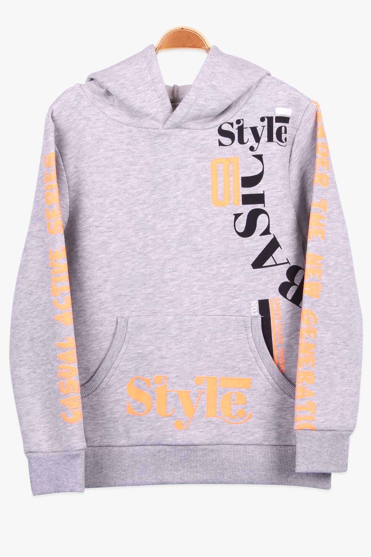 Breeze Erkek Çocuk Sweatshirt Baskılı Kapüşonlu Gri Melanj (9-14 Yaş)