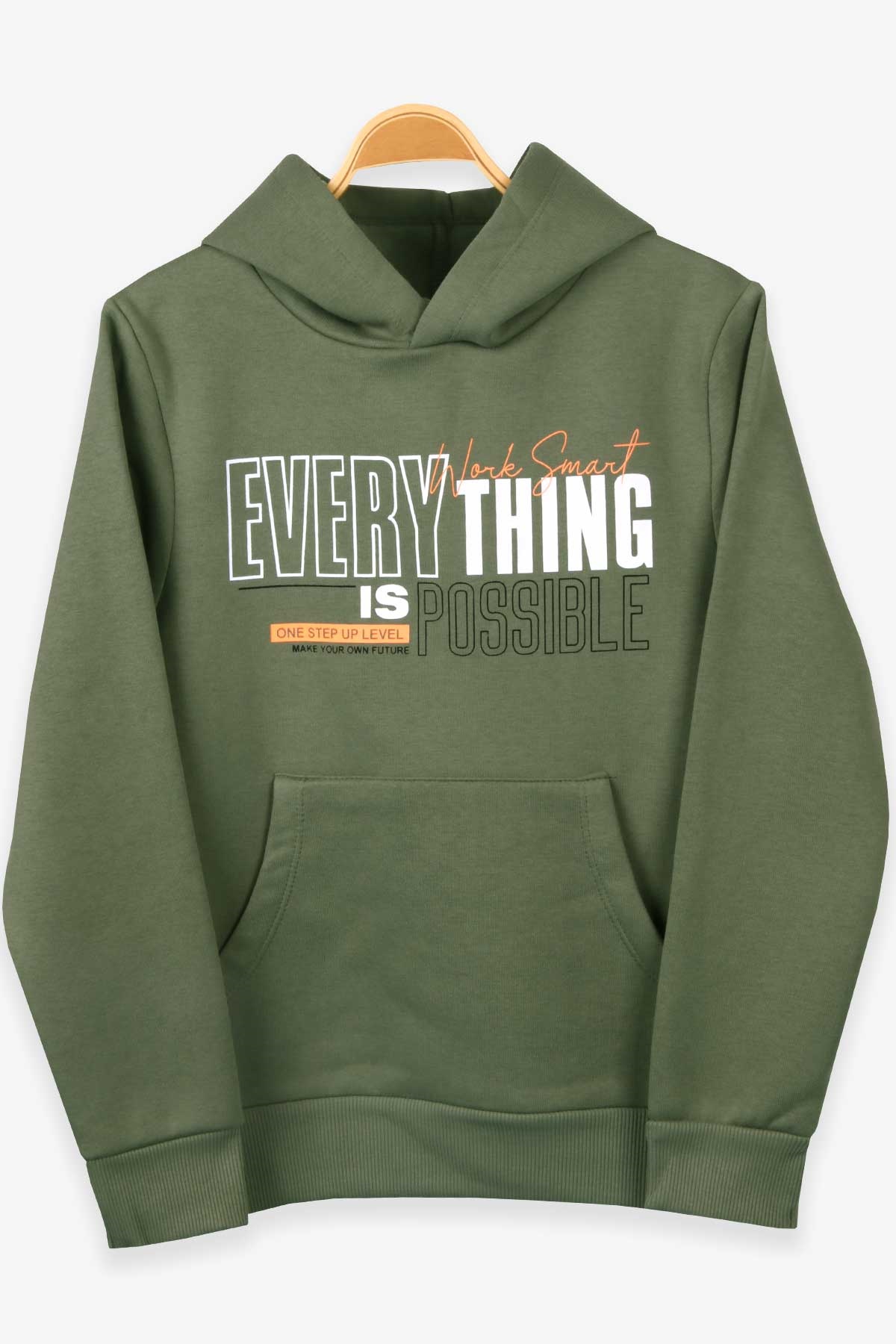 Breeze Erkek Çocuk Sweatshirt Baskılı Kapüşonlu Haki Yeşil (8-14 Yaş)