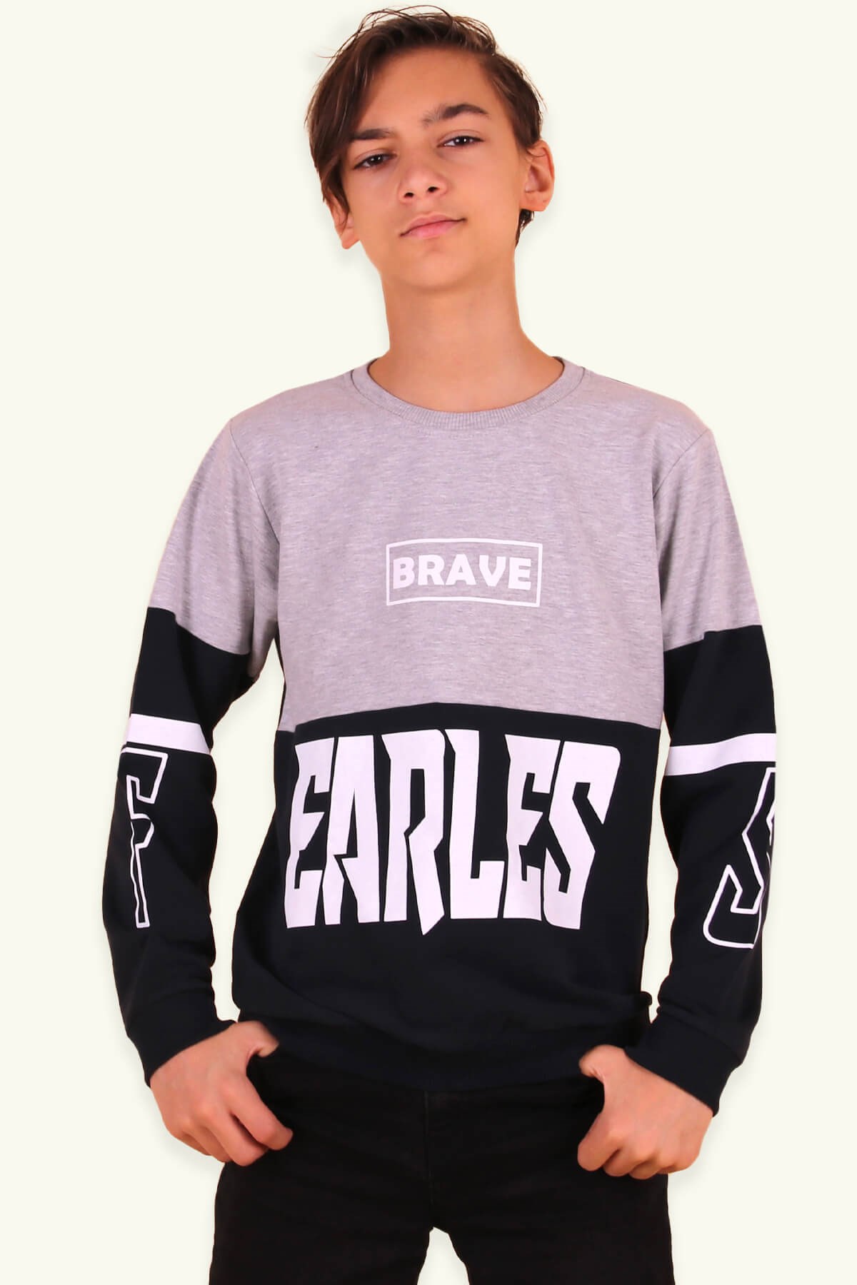 Breeze Erkek Çocuk Sweatshirt Brave Baskılı Açık Gri (8-14 Yaş)