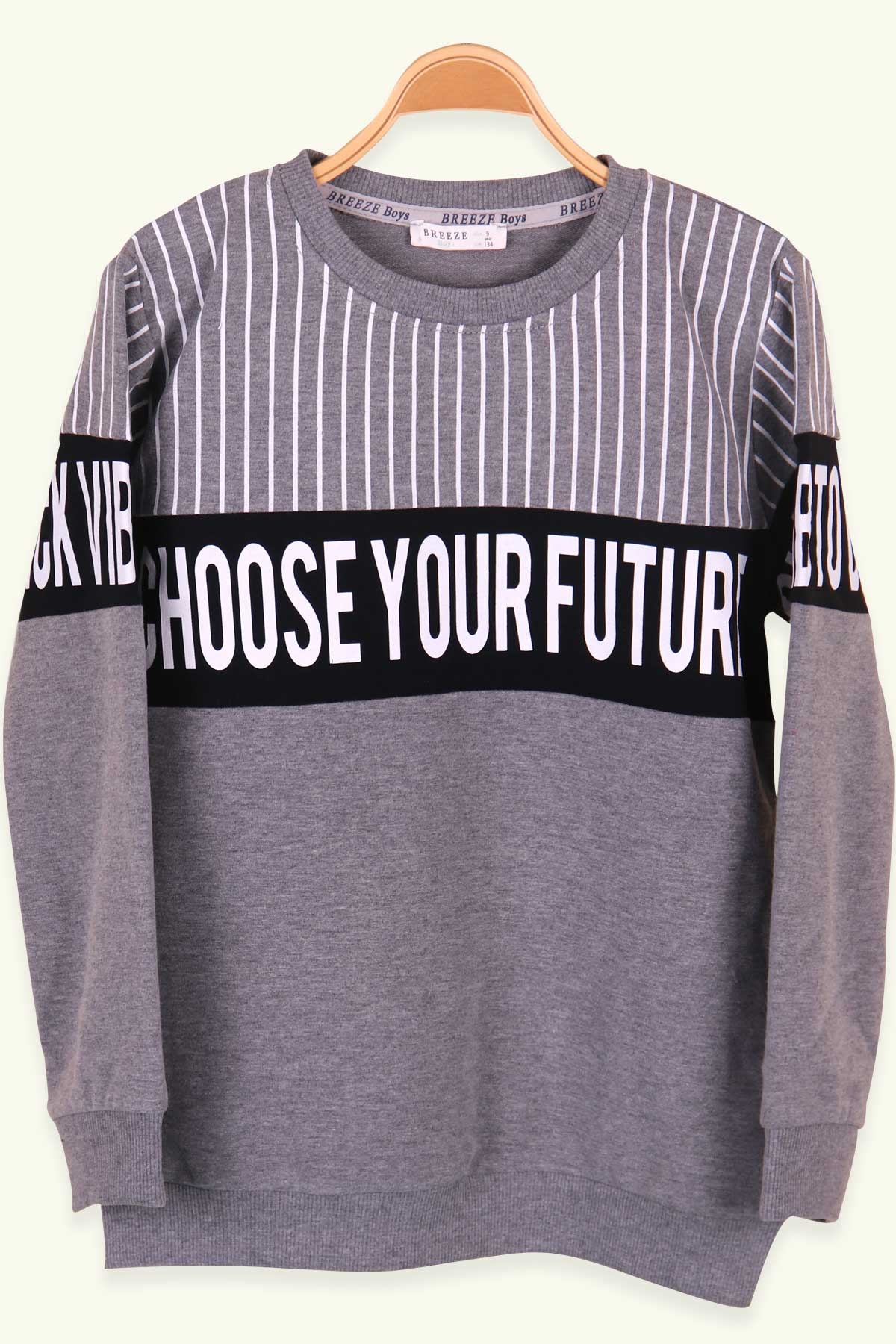 Breeze Erkek Çocuk Sweatshirt Çizgi Detaylı Baskılı Gri (9-14 Yaş)