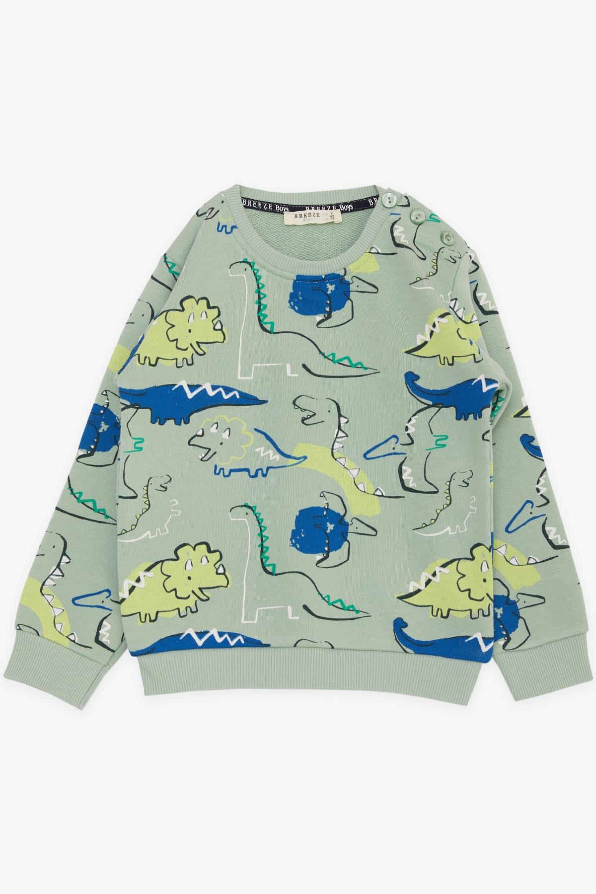 Breeze Erkek Çocuk Sweatshirt Eğlenceli Dinozorlar Desenli Mint Yeşili (1.5-5 Yaş)
