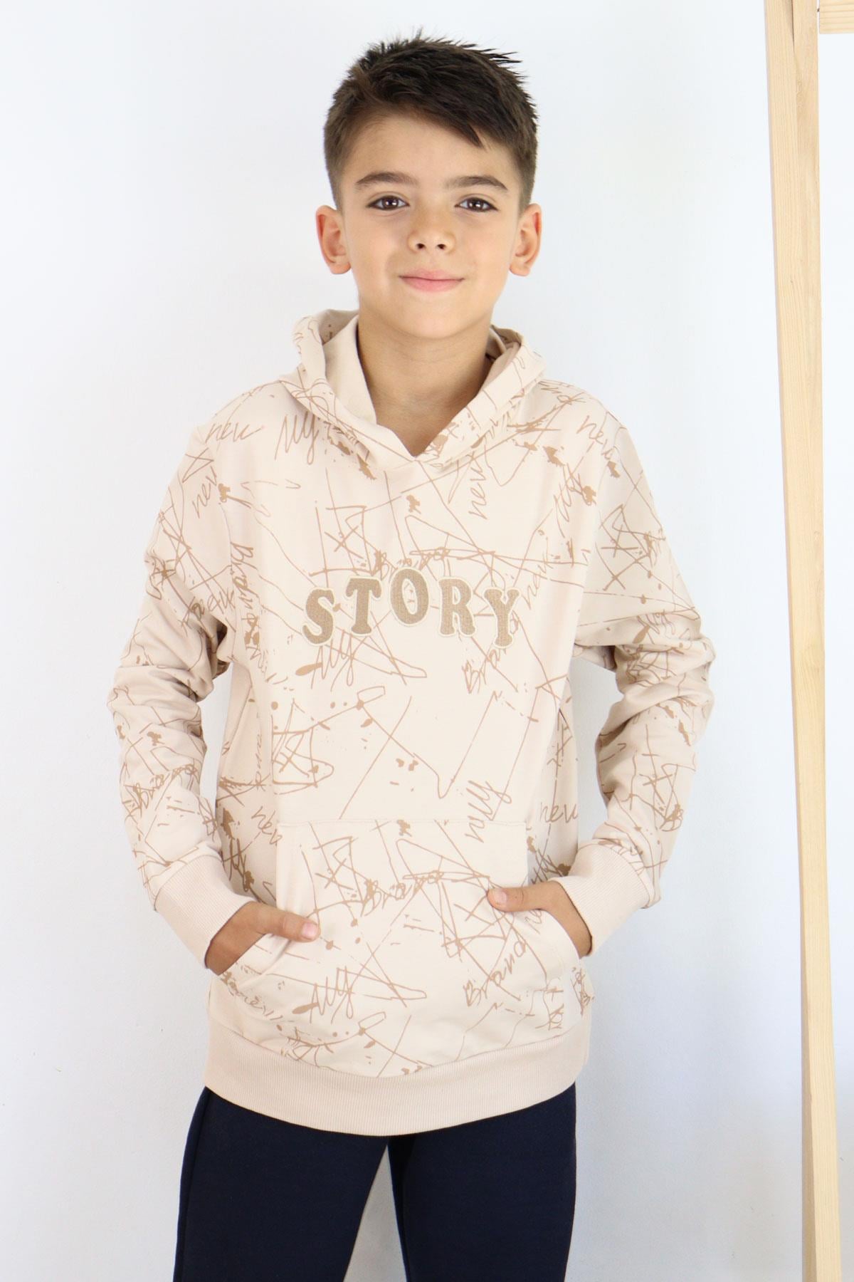 Breeze Erkek Çocuk Sweatshirt Kanguru Cepli Kapüşonlu Yazı Nakışlı Bej (8-12 Yaş)