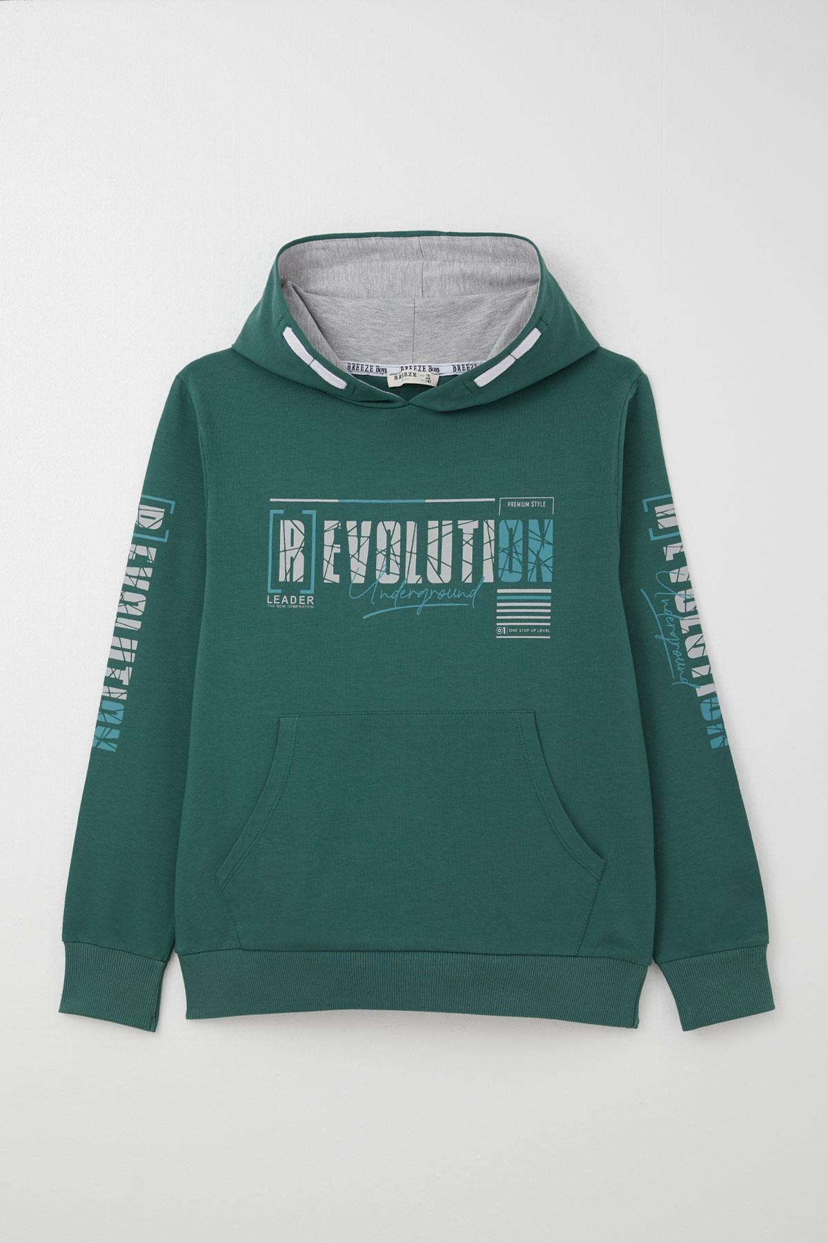 Breeze Erkek Çocuk Sweatshirt Kapüşonlu Kanguru Cepli Petrol Yeşili (9-16 Yaş)