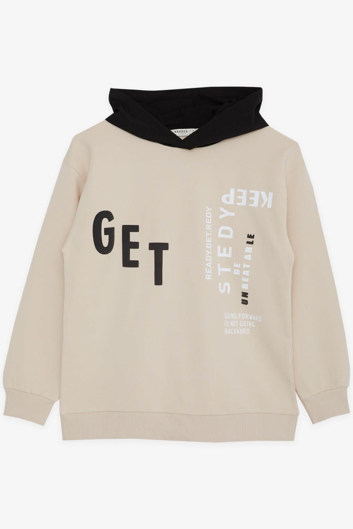Breeze Erkek Çocuk Sweatshirt Kapüşonlu Yazı Baskılı Bej (8-14 Yaş)