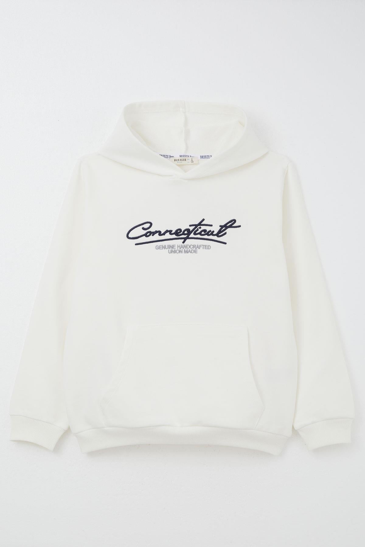 Breeze Erkek Çocuk Sweatshirt Kapüşonlu Yazı Nakışlı Kanguru Cepli Ekru (4-8 Yaş)