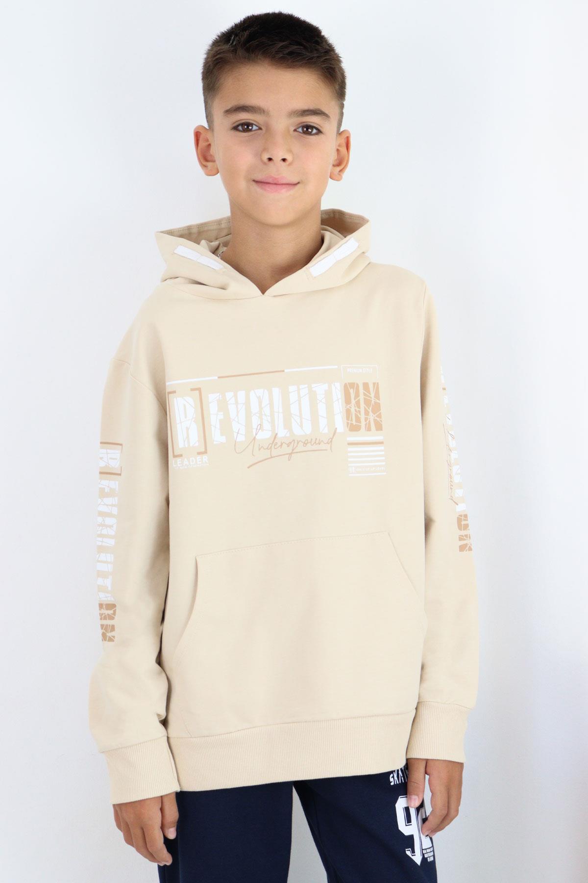 Breeze Erkek Çocuk Sweatshirt Kapüşonlu Kanguru Cepli Krem (9-16 Yaş)