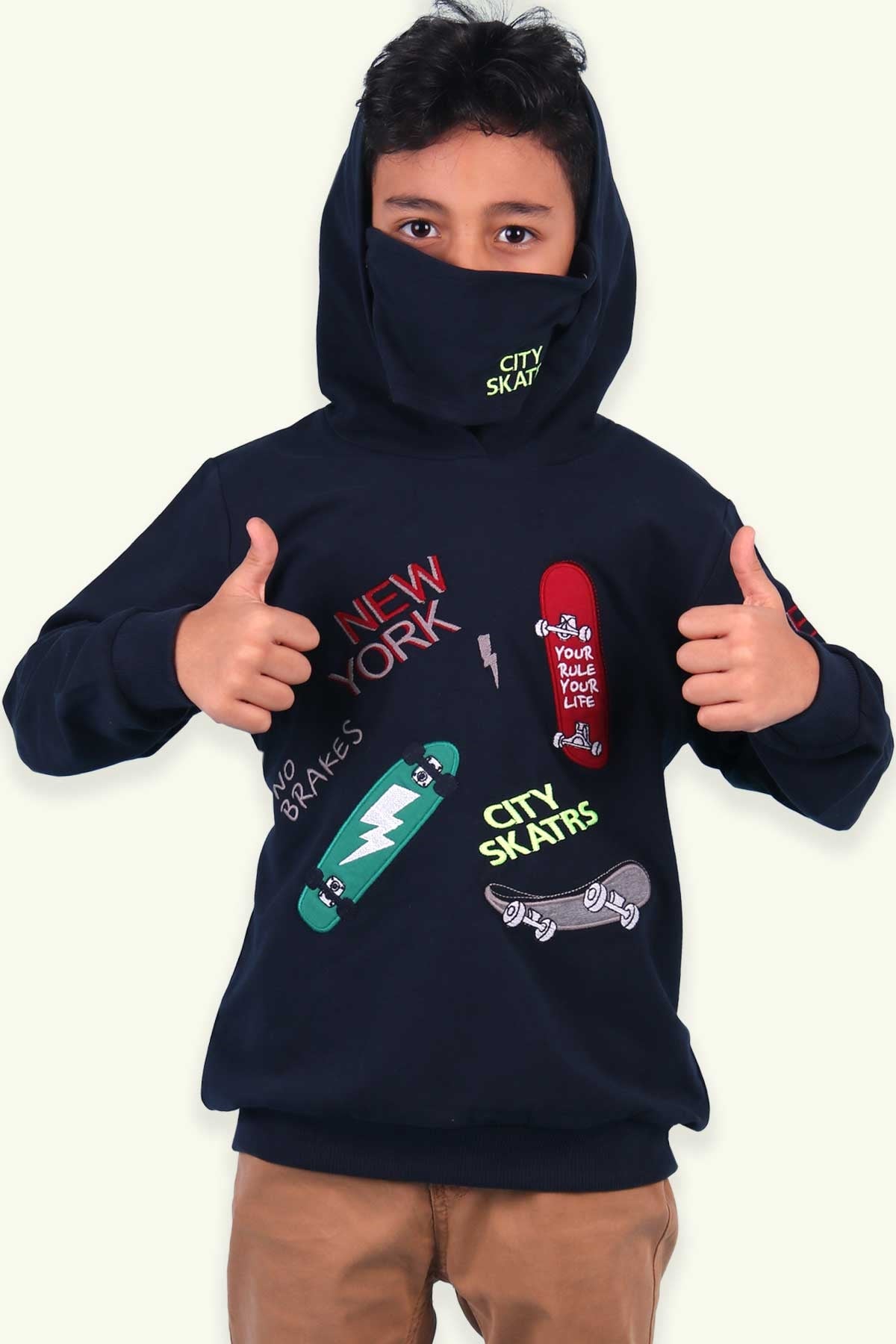 Breeze Erkek Çocuk Sweatshirt Kapüşonlu Kaykay Nakışlı Maskeli Lacivert (6-12 Yaş)