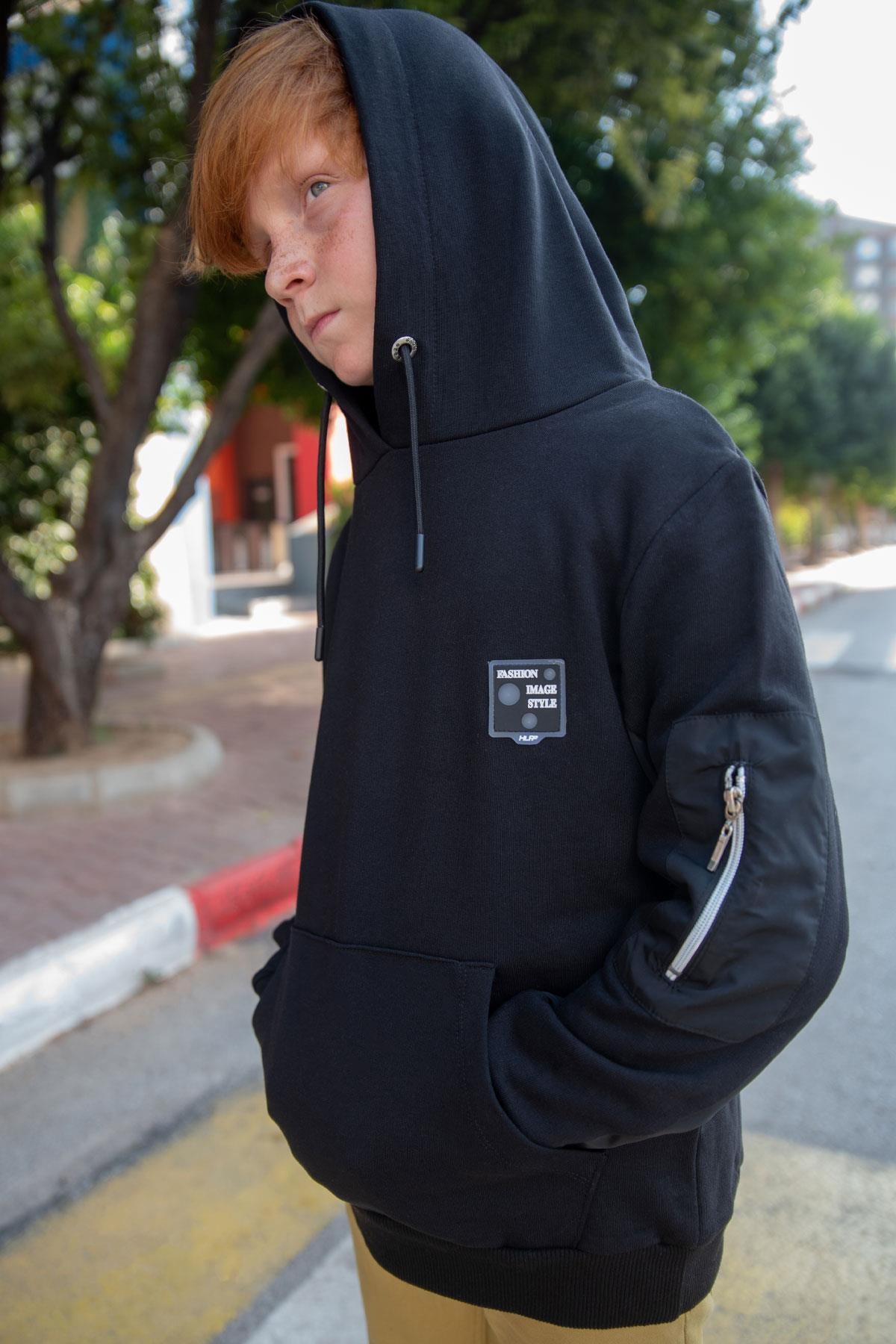 Breeze Erkek Çocuk Sweatshirt Kapüşonlu Kolu Fermuar Detaylı Siyah (9-11 Yaş)