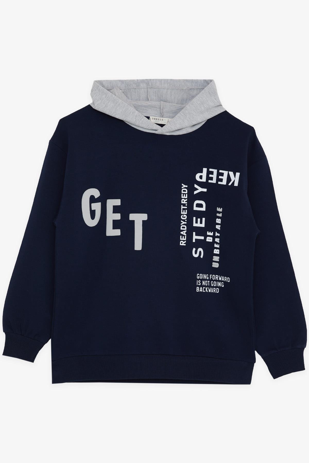 Breeze Erkek Çocuk Sweatshirt Kapüşonlu Yazı Baskılı Lacivert (8-14 Yaş)