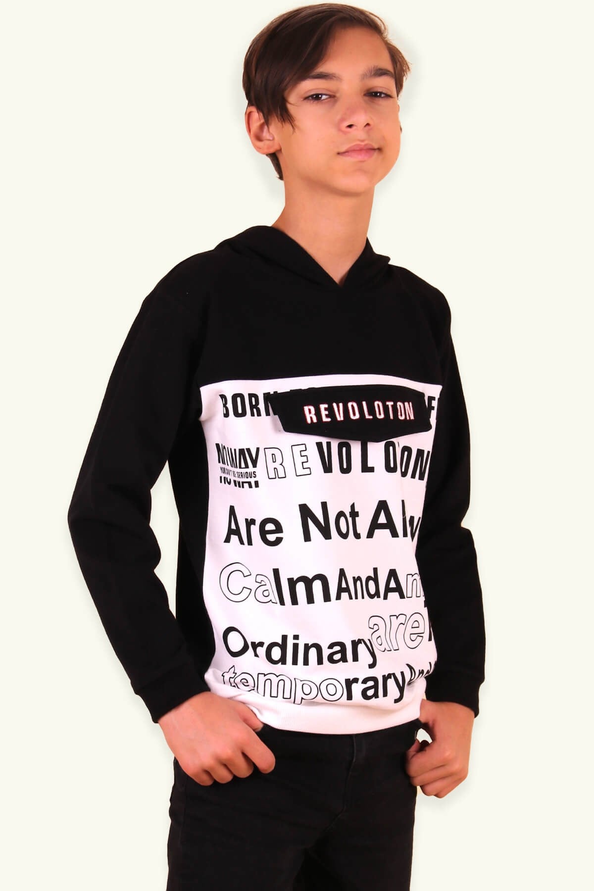 Breeze Erkek Çocuk Sweatshirt Kapüşonlu Nakışlı Siyah (6-12 Yaş)