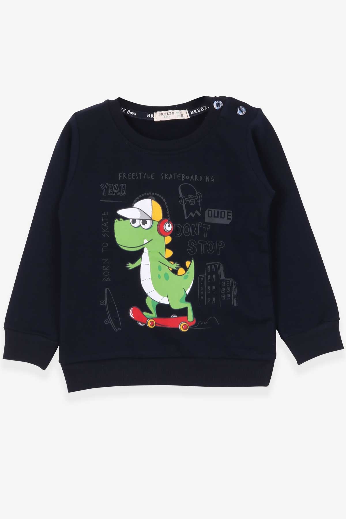 Breeze Erkek Çocuk Sweatshirt Kaykaycı Dinozor Baskılı Lacivert (1.5-5 Yaş)
