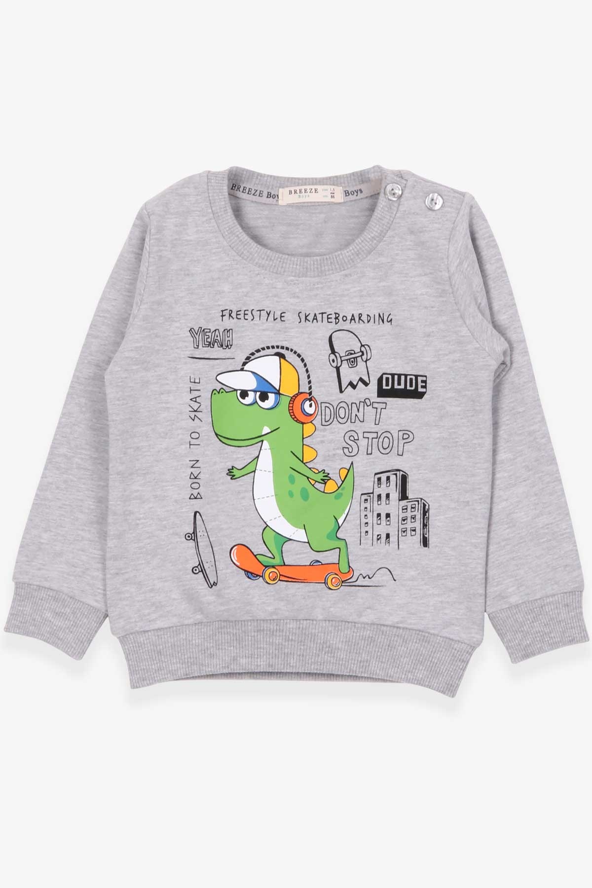 Breeze Erkek Çocuk Sweatshirt Kaykaycı Dinozor Baskılı Gri Melanj (1.5-5 Yaş)