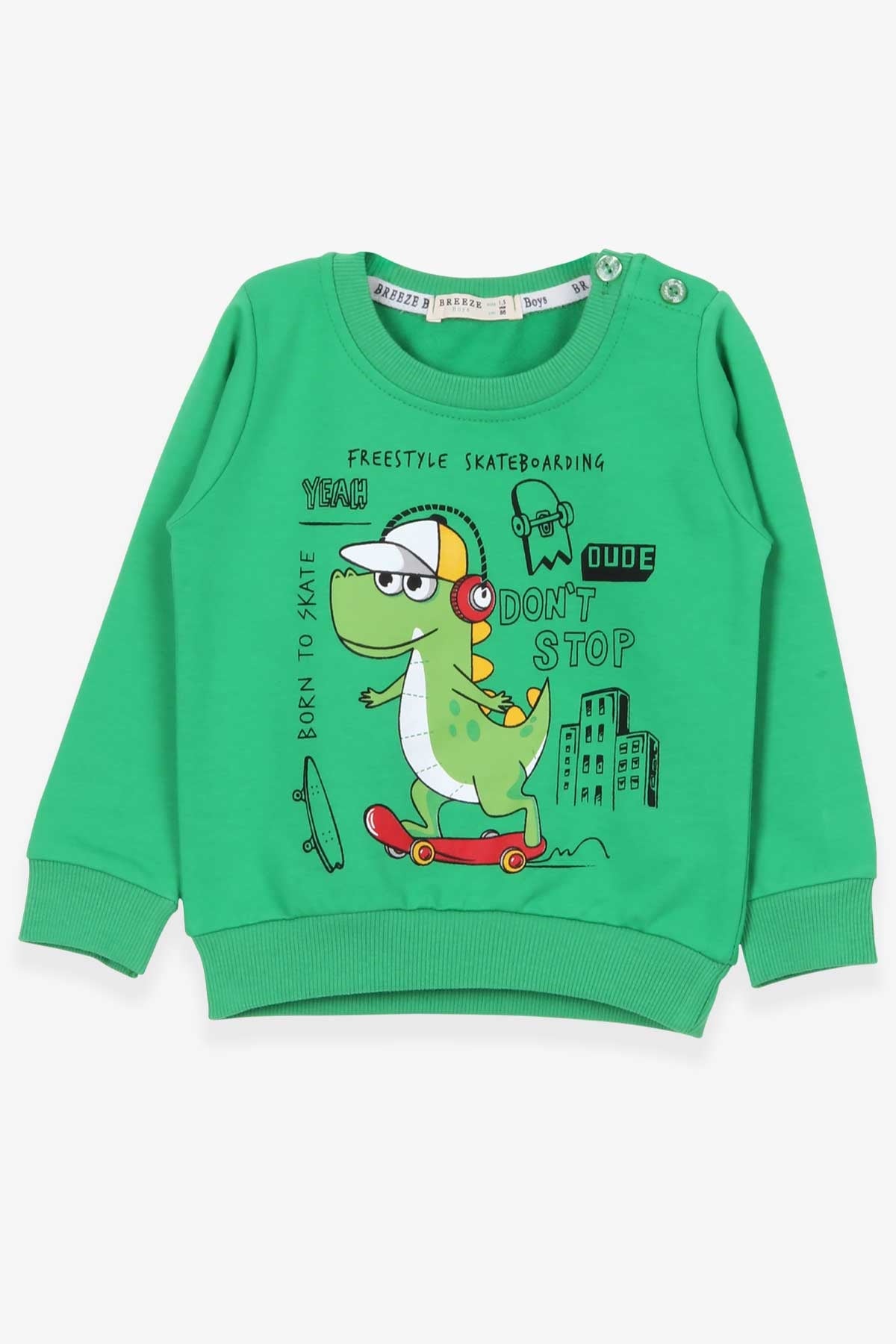 Breeze Erkek Çocuk Sweatshirt Kaykaycı Dinozor Baskılı Yeşil (1.5-5 Yaş)
