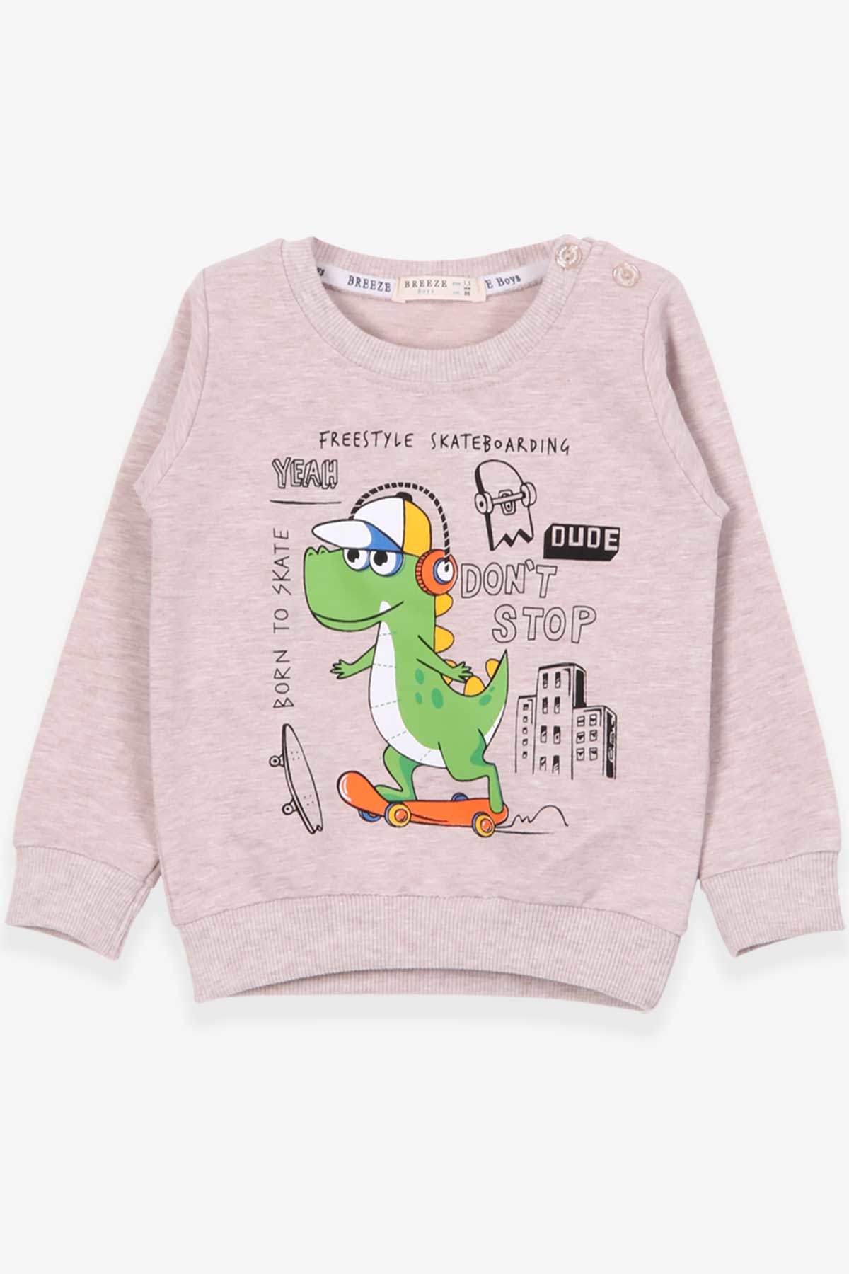 Breeze Erkek Çocuk Sweatshirt Kaykaycı Dinozor Baskılı Bej Melanj (1.5-5 Yaş)