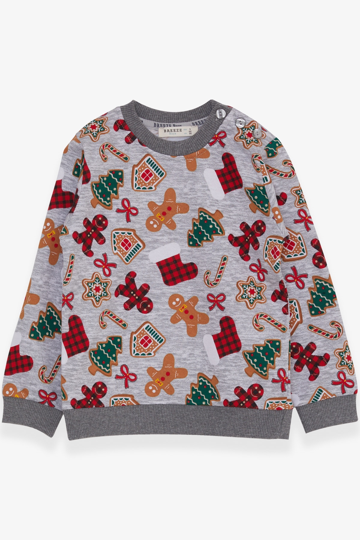 Breeze Erkek Çocuk Sweatshirt Kurabiye Desenli Gri Melanj (1.5-5 Yaş)