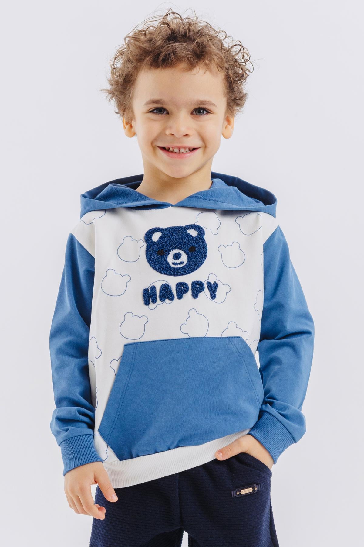 Breeze Erkek Çocuk Sweatshirt Mutlu Ayıcık Nakışlı Kapüşonlu Ekru (1.5-5 Yaş)