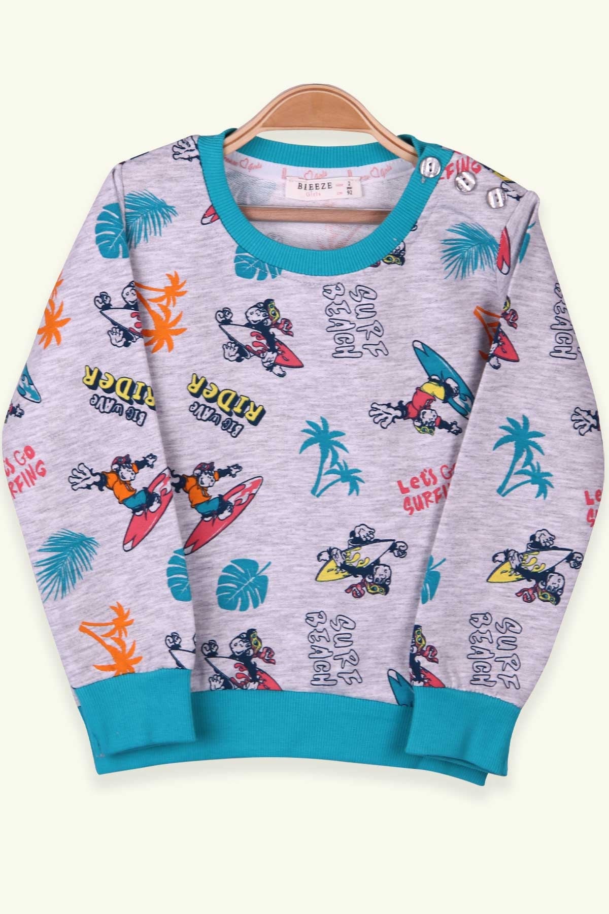 Breeze Erkek Çocuk Sweatshirt Sörf Yapan Maymun Desenli Açık Gri (8-14 Yaş)