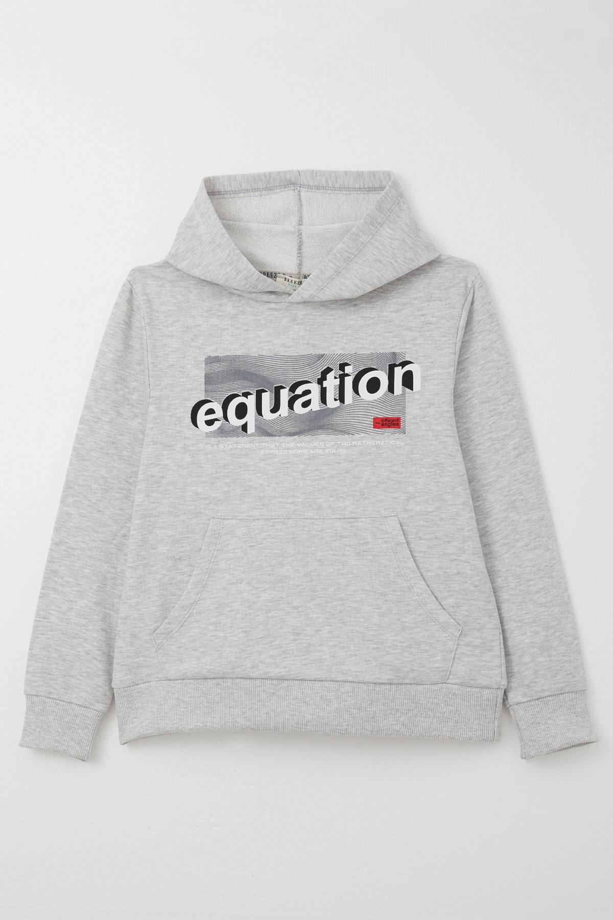 Breeze Erkek Çocuk Sweatshirt Yazı Baskılı Kanguru Cepli Kapüşonlu Açık Gri Melanj (8-14 Yaş)