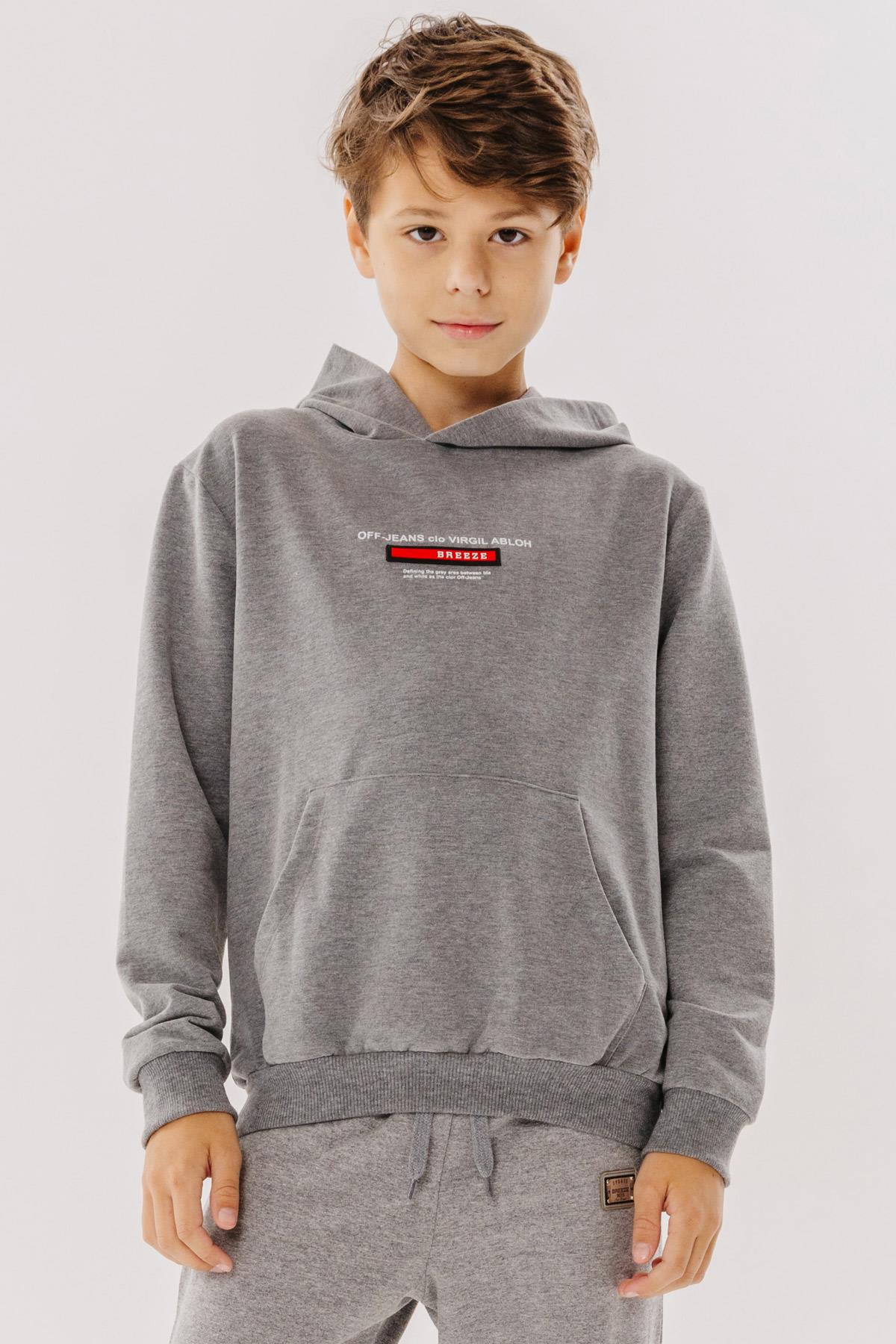 Breeze Erkek Çocuk Sweatshirt Yazı Baskılı Armalı Kanguru Cepli Koyu Gri Melanj (8-14 Yaş)