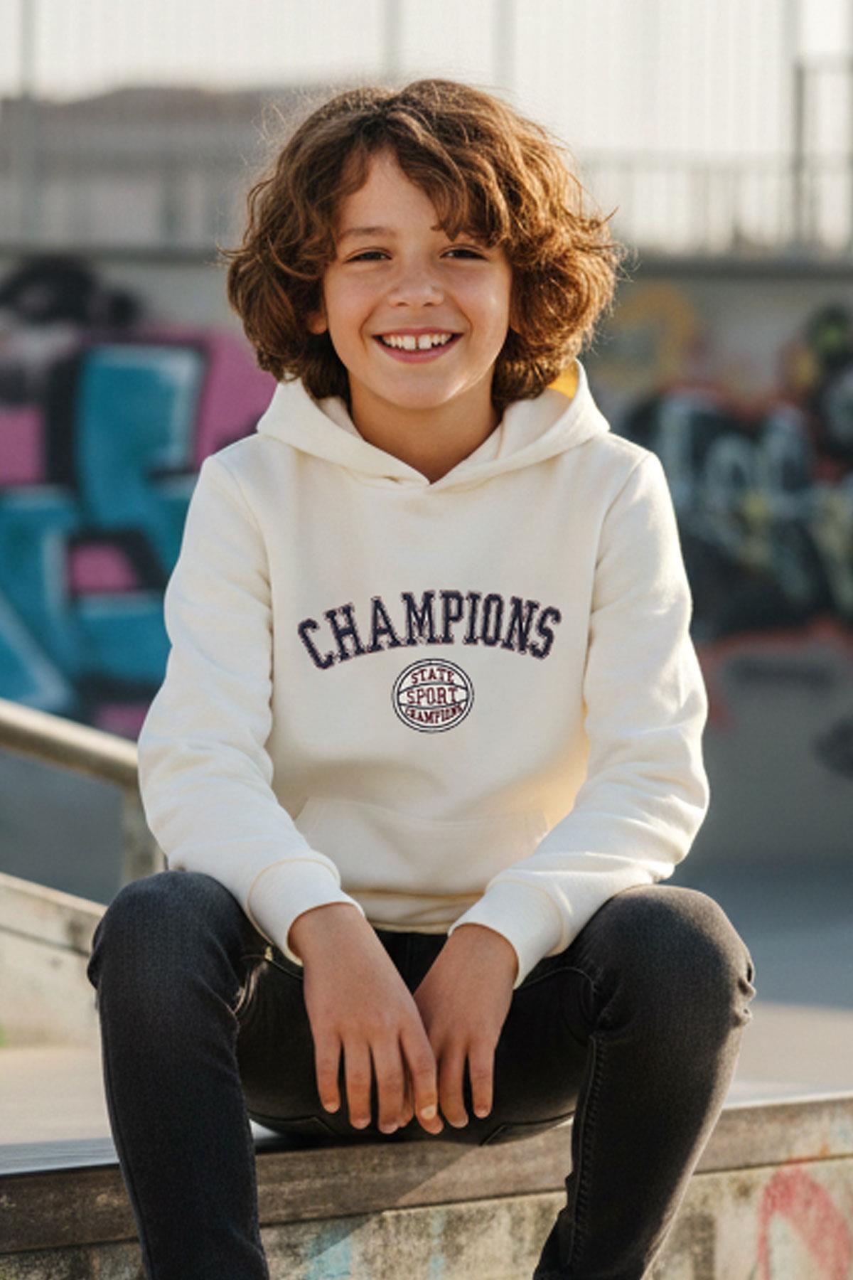 Breeze Erkek Çocuk Sweatshirt Yazı Baskılı Kapüşonlu Ekru (4-8 Yaş)